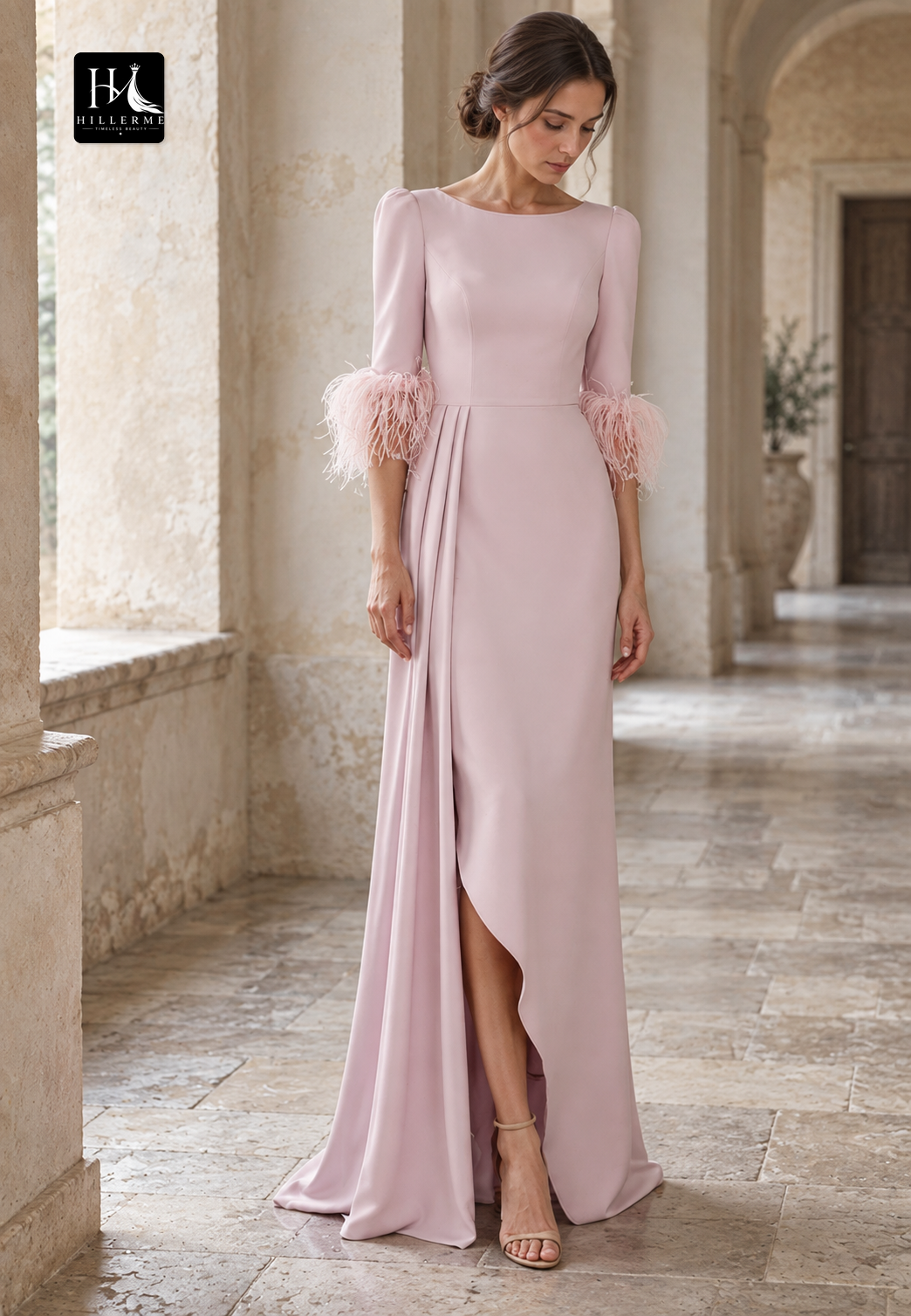 Feathered Half-Sleeve Pleated Cocktail Dress with Scoop Neck and Floor-Length Fit for Mother of the Bride