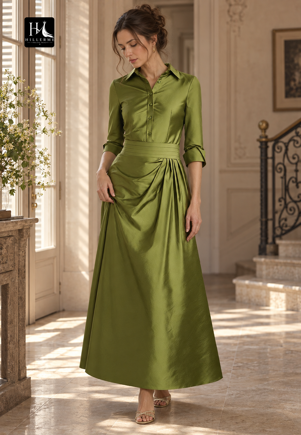 Pleated Satin A-Line Gown with Long Sleeves for Mother of the Bride