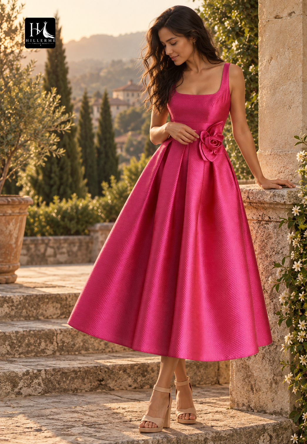 Square-Neck Off-Shoulder Midi A-Line Cocktail Gown with Pleats for Mother of the Bride