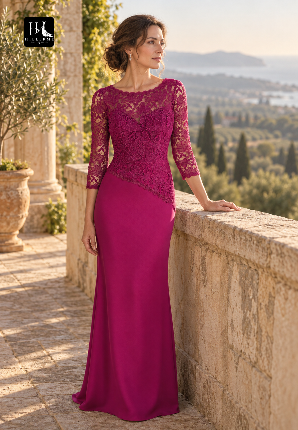 3/4-Sleeve Lace Appliqué Mermaid Cocktail Gown with Scoop Neck and Floor-Length Train for Mother of the Bride