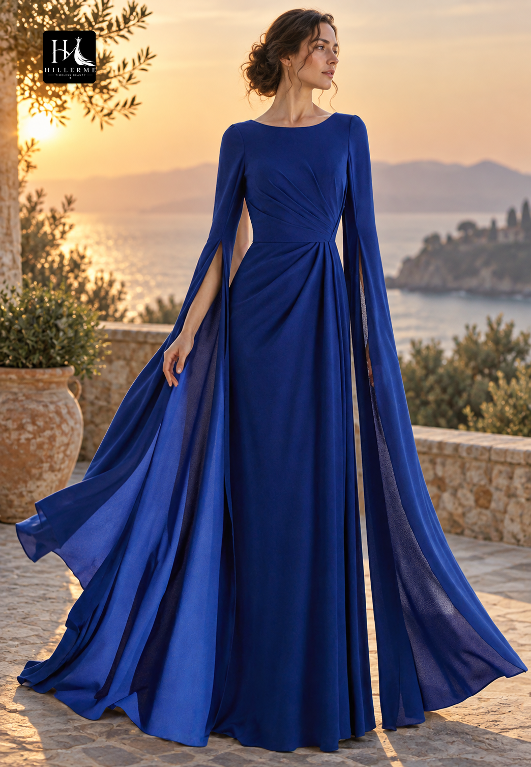 Scoop-Neck Fitted Mother of the Bride Gown with Pleated Chiffon Floor-Length Sleeves