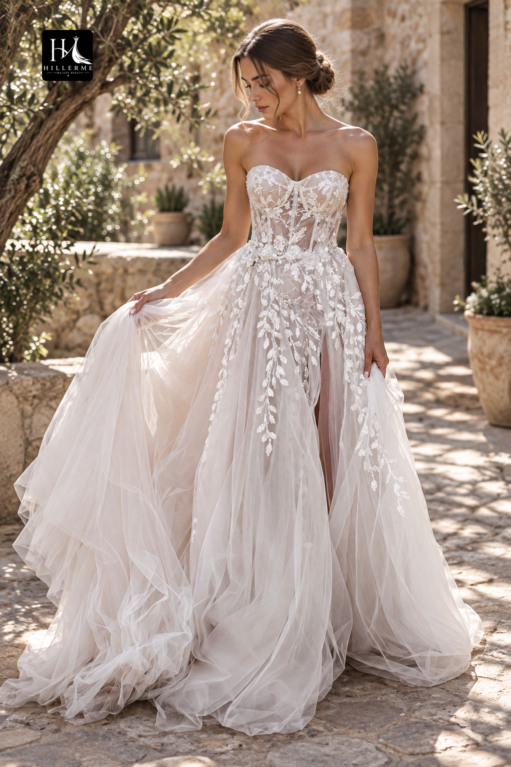 Bohemian Sweetheart A-line Wedding Dress with Lace Appliques and Slit