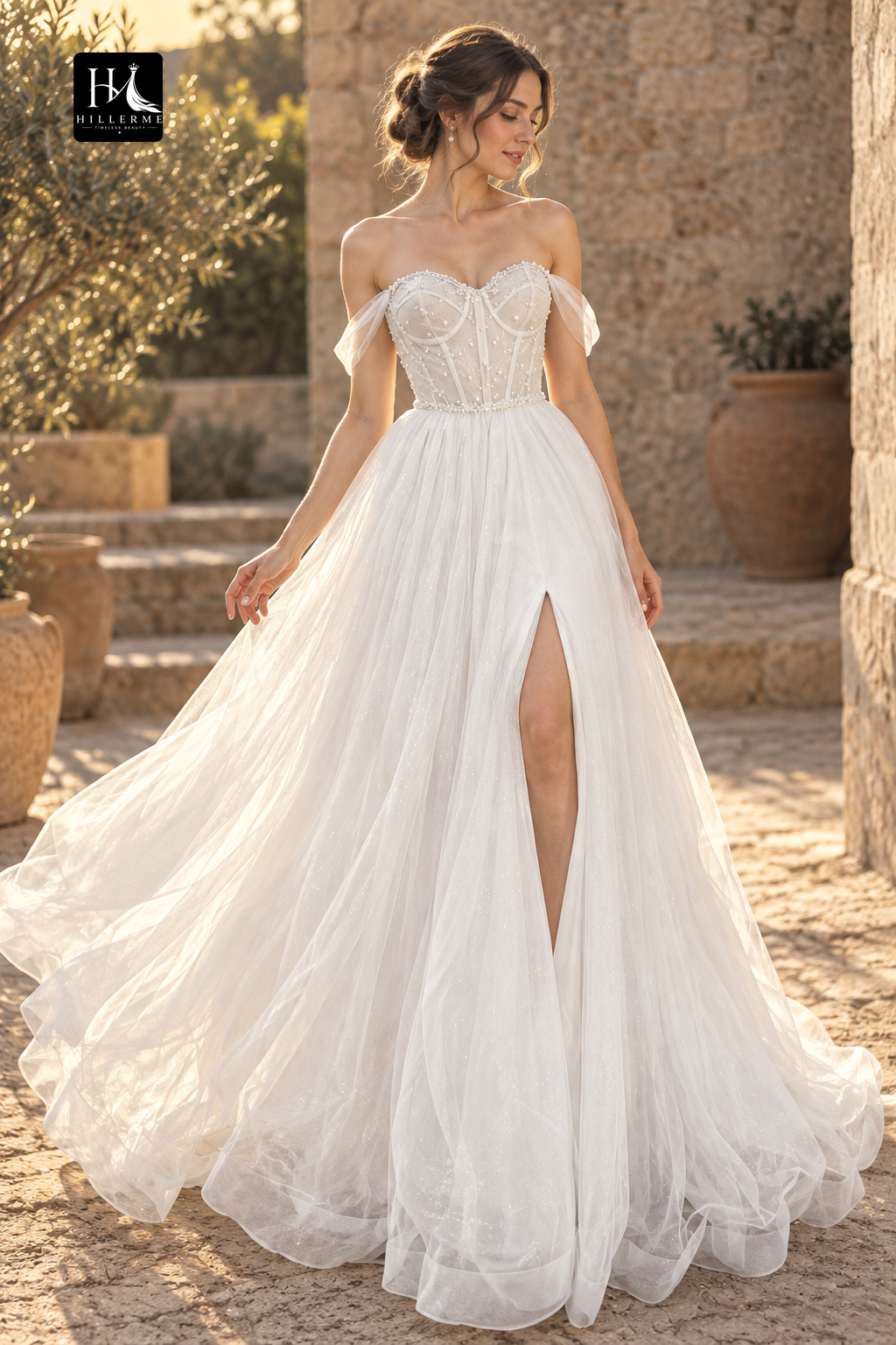 A-Line Sweetheart Bridal Gown with Beaded Detailing and Slit Design