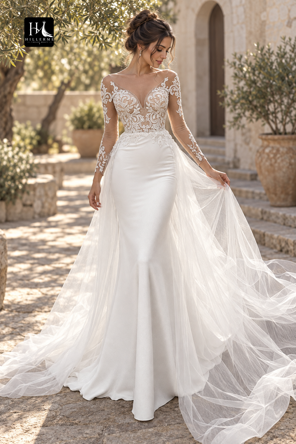 V-Neck Mermaid Wedding Dress with Lace Appliqués