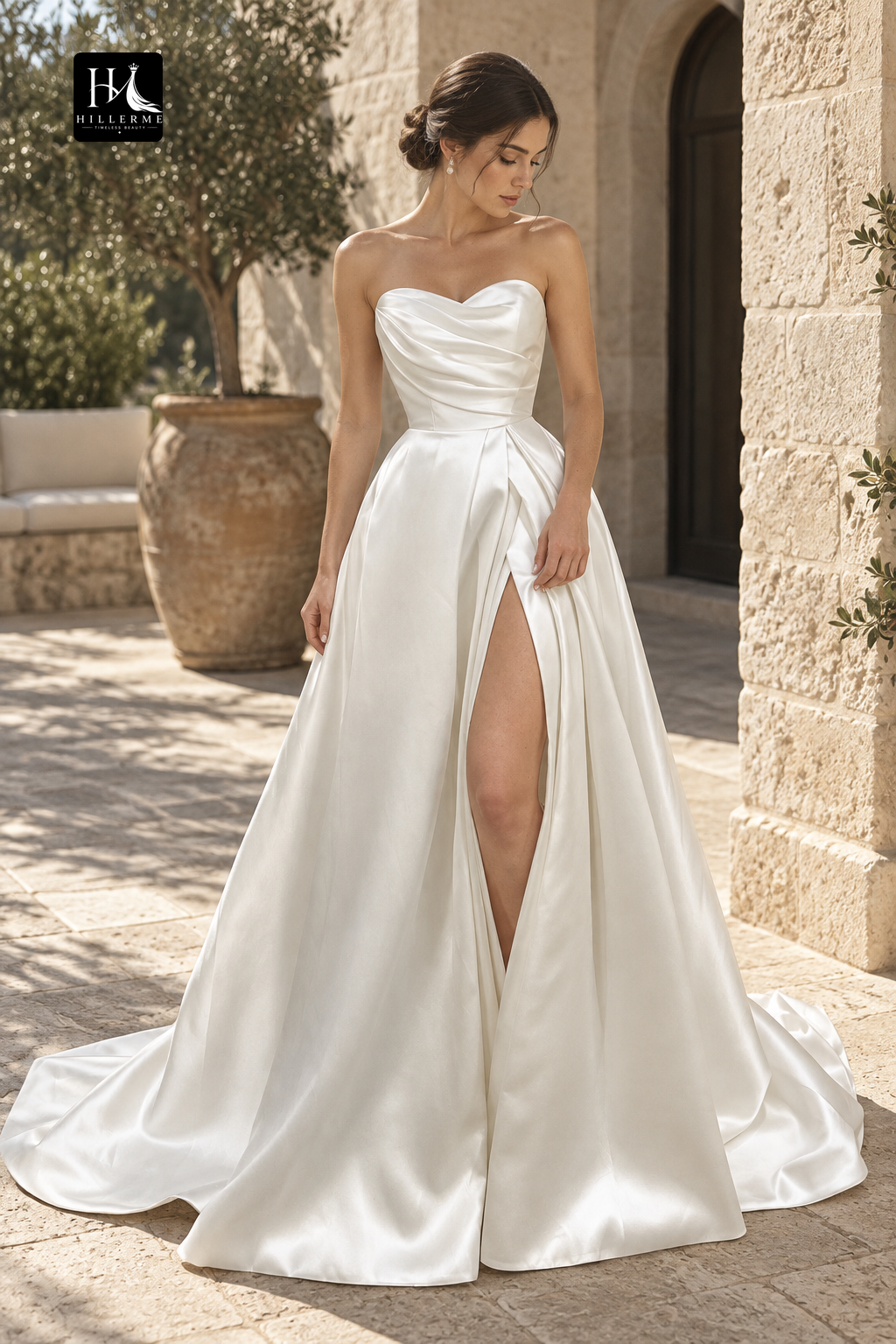 Strapless A-Line Satin Wedding Dress with High Split and Pleated Details