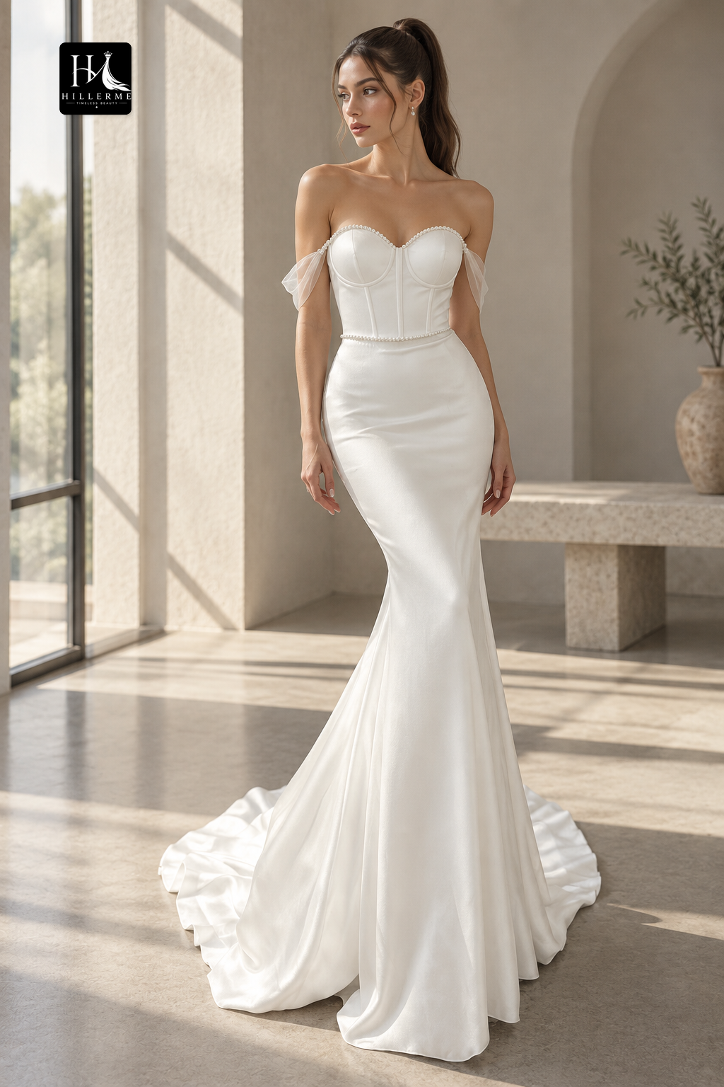 30526 - Sweetheart Neckline Beaded Mermaid Bridal Gown with Off-the-Shoulder Detail