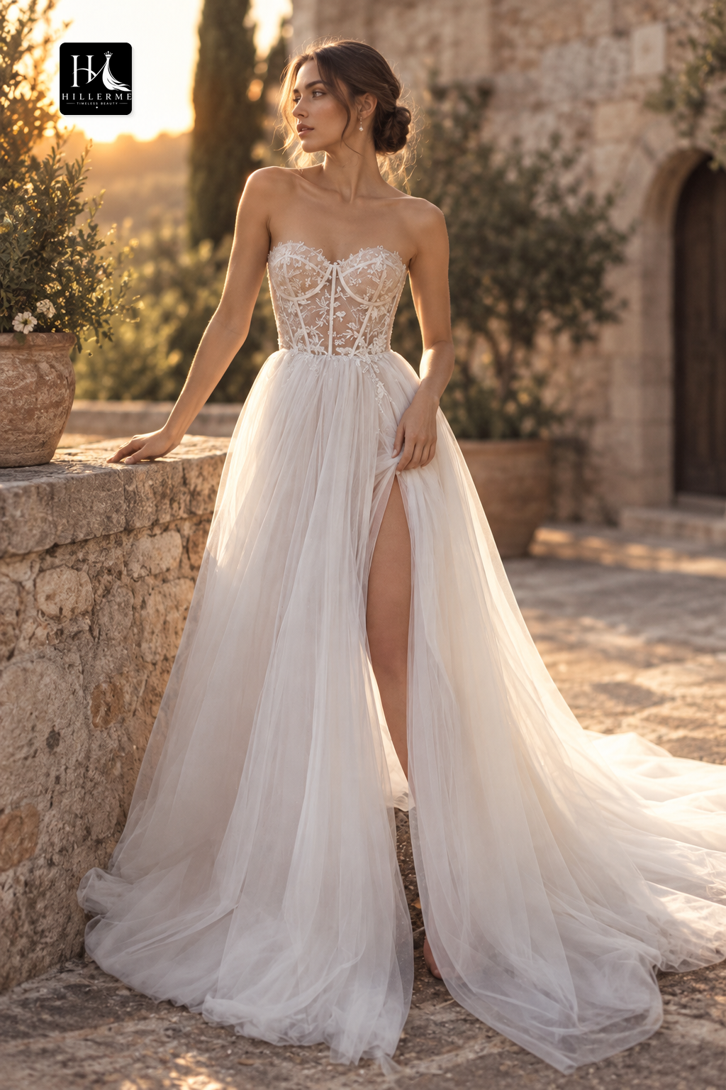 Bohemian A-Line Wedding Dress with Lace Appliqués and High Split