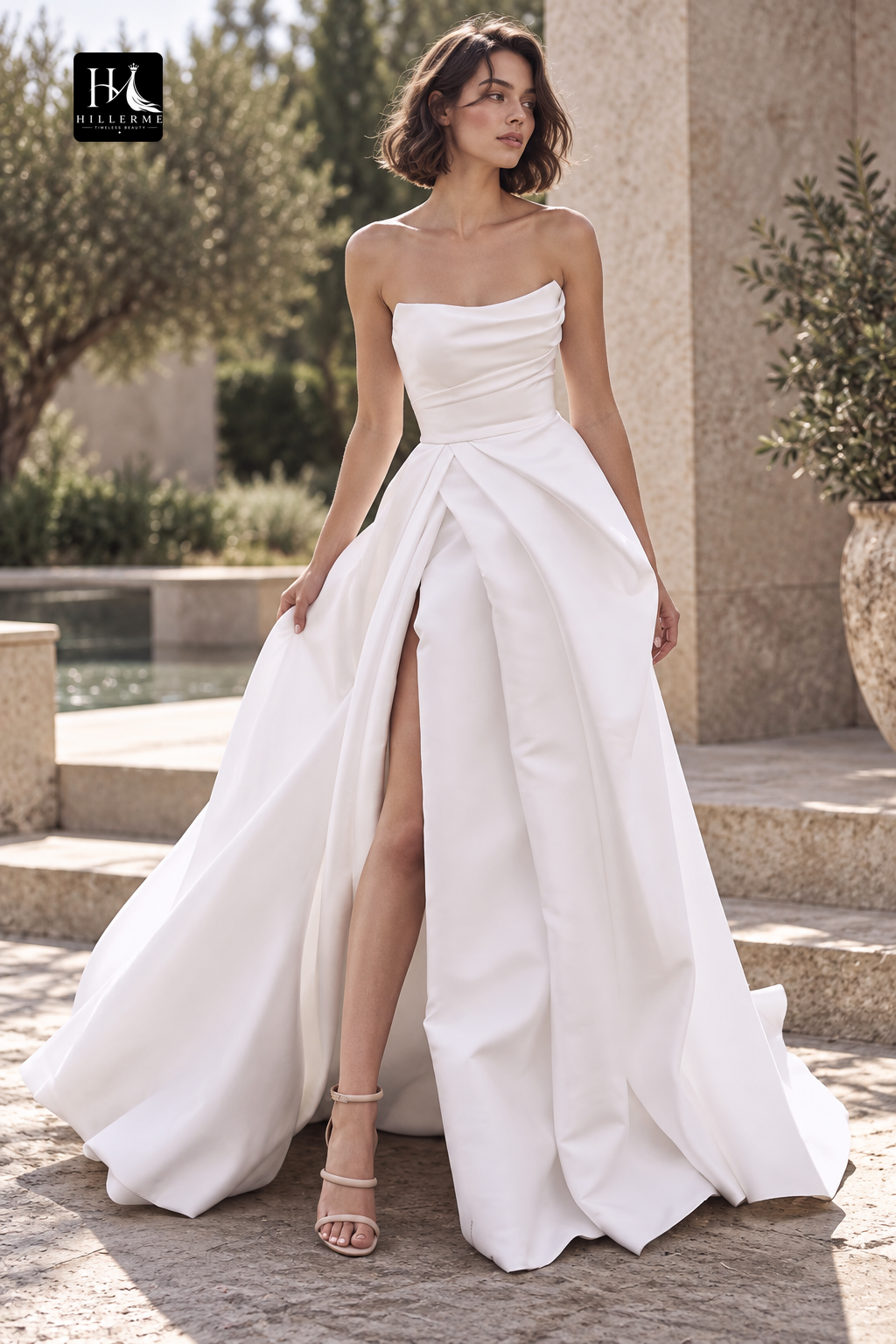 Strapless A-line Rustic Satin Bridal Gown with Pleated Side Slit