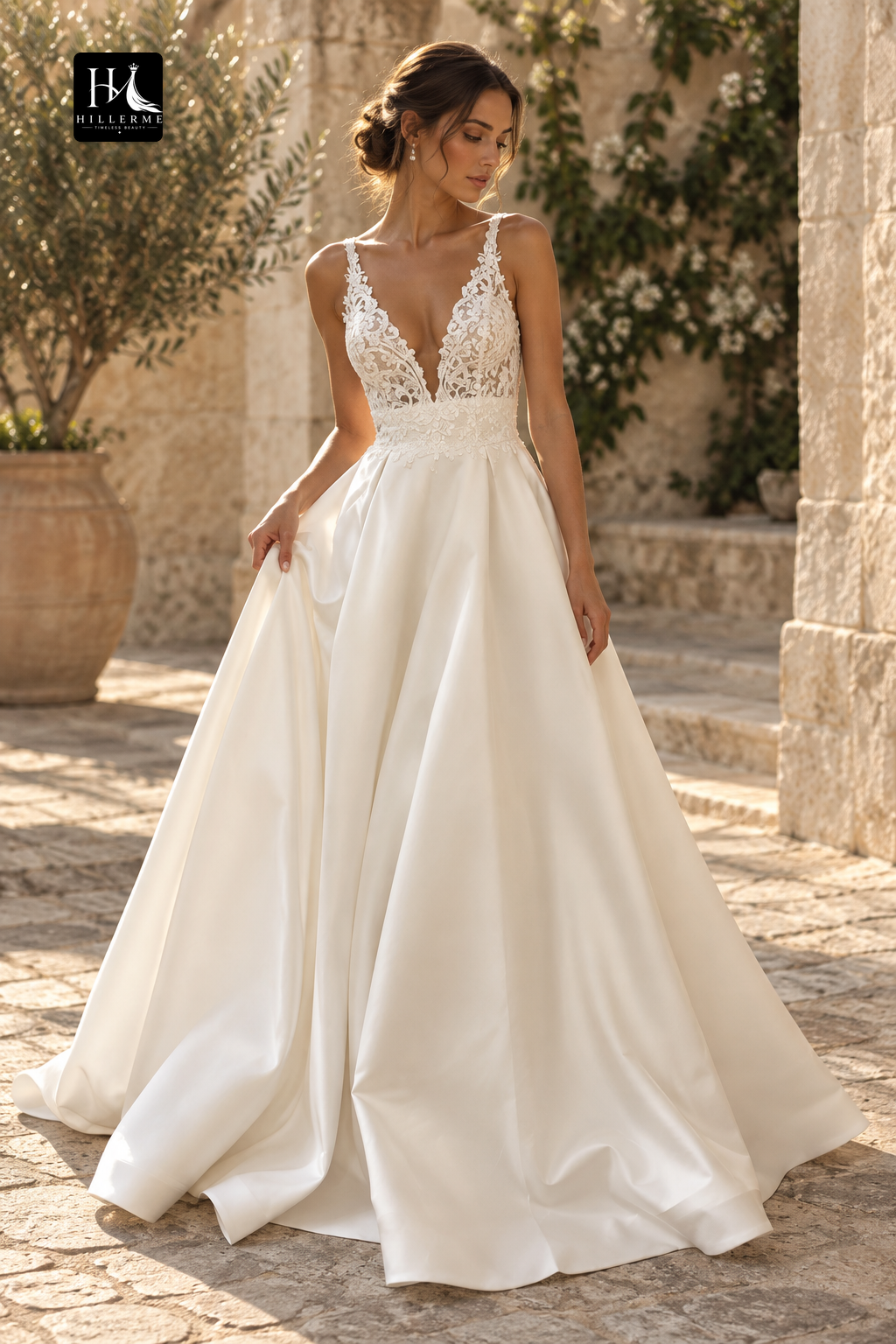 Simple Rustic A-Line Wedding Dress with Plunging V-Neck and Lace Appliqués