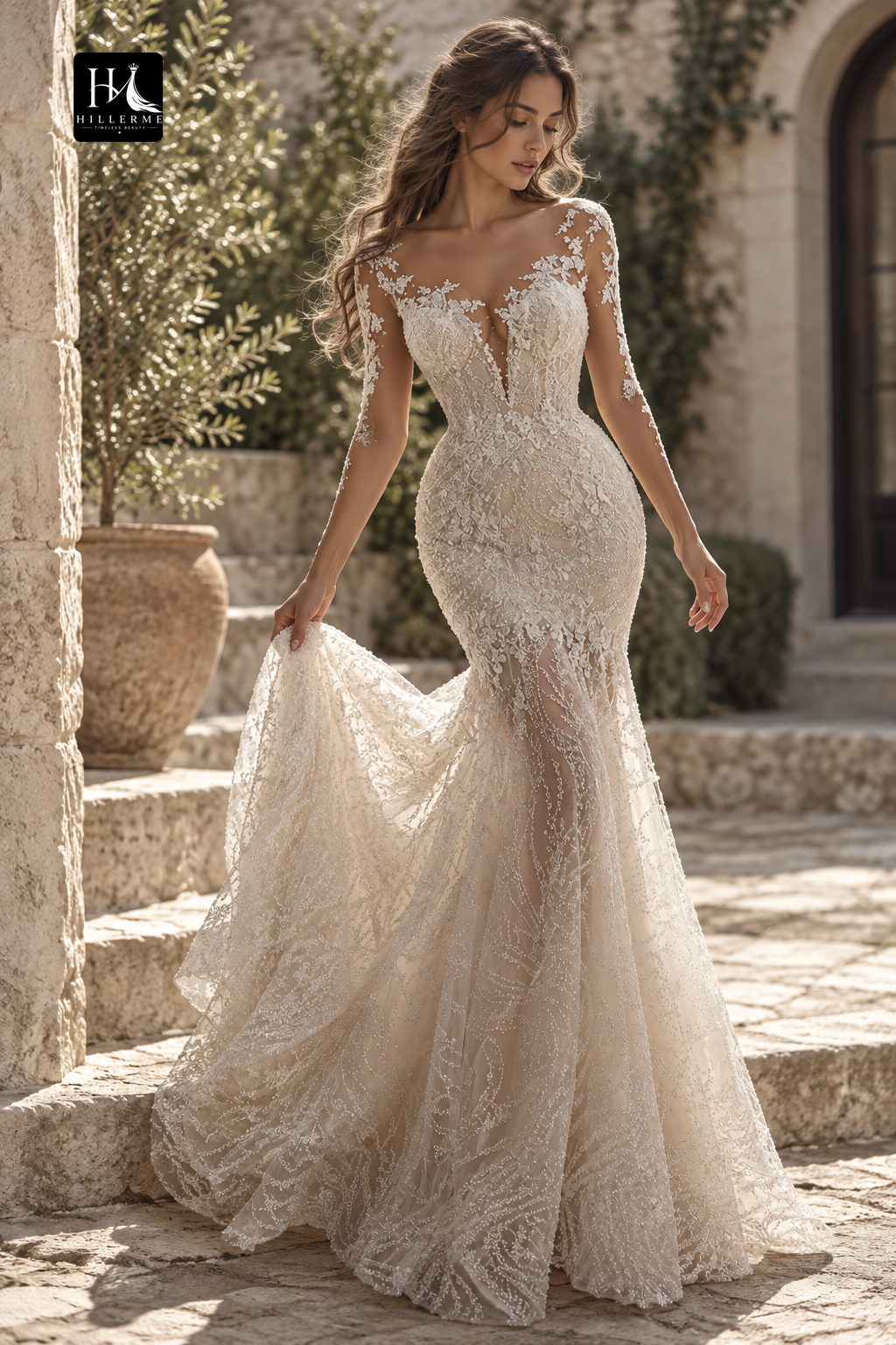 Romantic Lace Wedding Dress with Illusion V-Neck and Long Sleeves