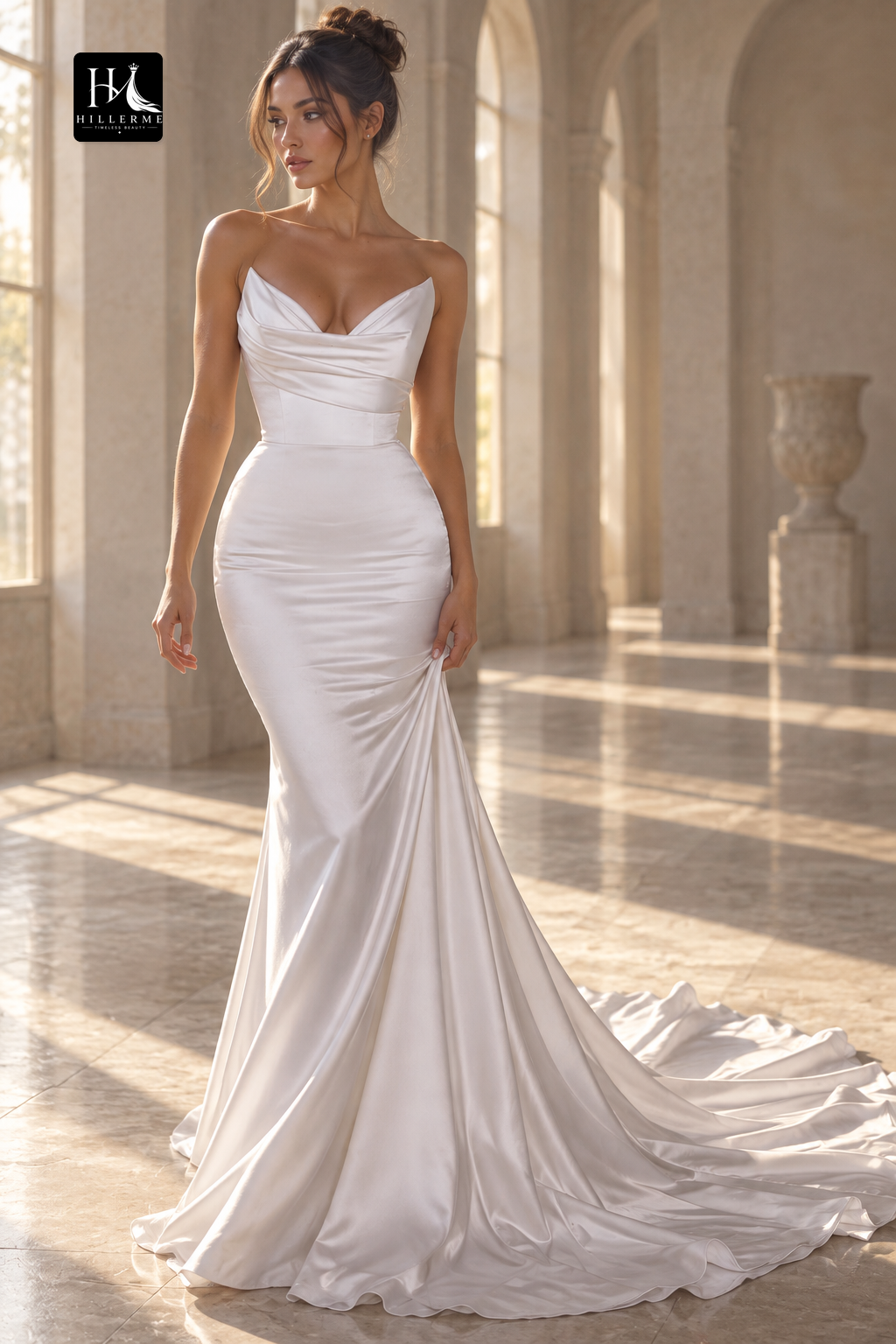 Simple V-Neck Mermaid Wedding Dress with Satin Fabric and Zipper Closure