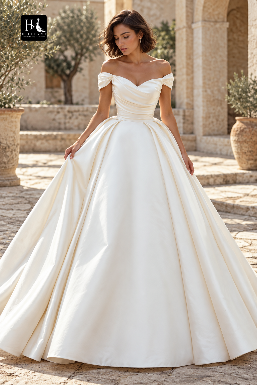 Ball Gowns Off the Shoulder Satin Bridal Gown with Pleated Details