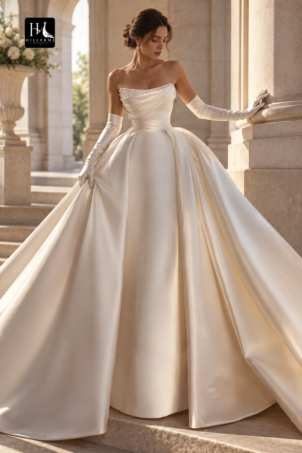 Strapless Ball Gown Wedding Dress with Pearl Embellishments