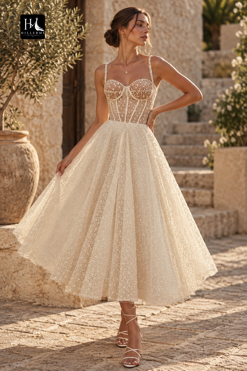 Spaghetti Straps A-line Bohemian Wedding Dress in Tea Length