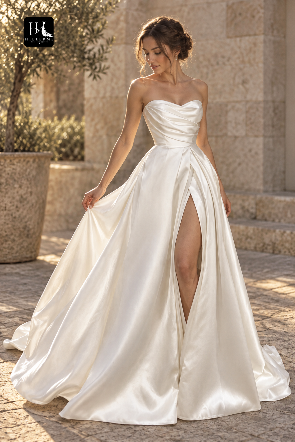 Strapless A-Line Satin Wedding Dress with High Split and Plied Details