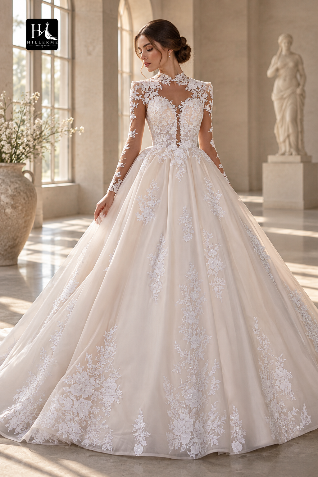 30501 - Rustic Lace Appliqué High Neck Long Sleeve Ball Gown Wedding Dress