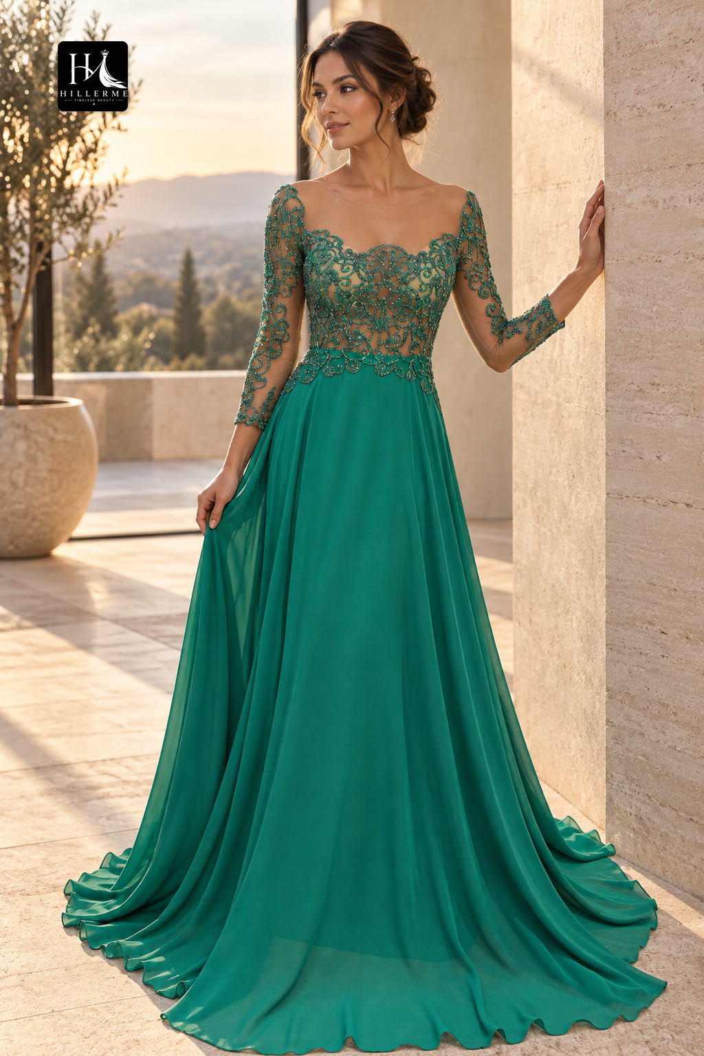 Formal Evening Dress with Beaded Scoop Neckline and Long Sleeves in Green for Mother of the Bride