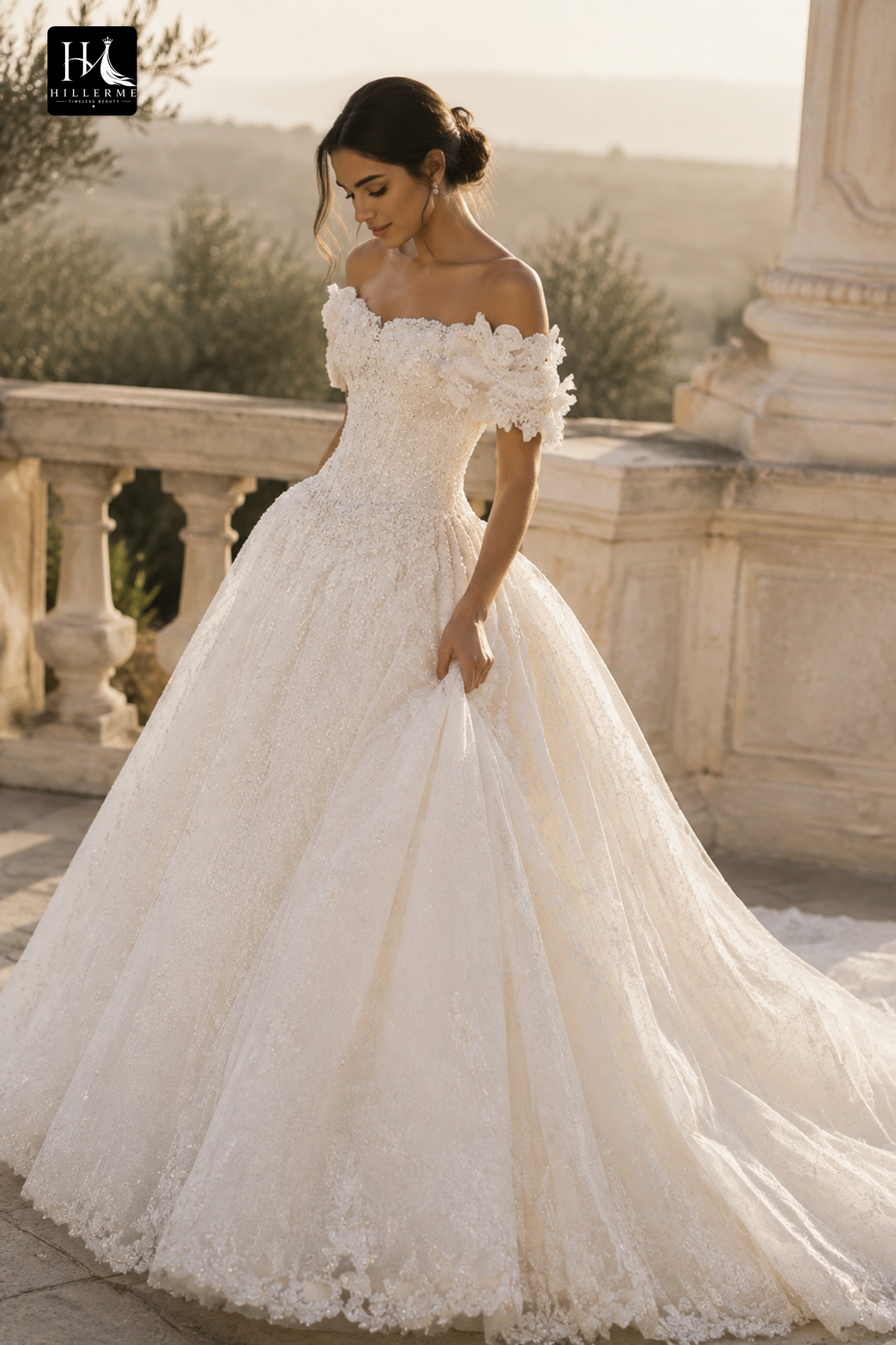 Elegant Beaded Ball Gown Wedding Dress with Cathedral Train and Veil