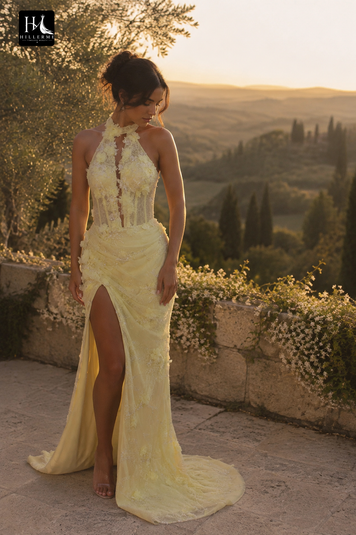 Halter Corset Gown with 3D Floral Applique and High Slit