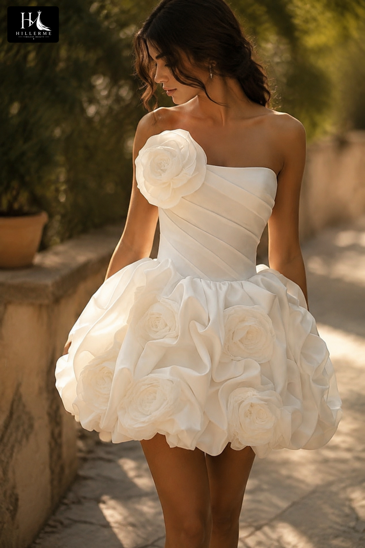 Strapless Mini Dress with 3D Floral Appliques and Ruched Bubble Skirt