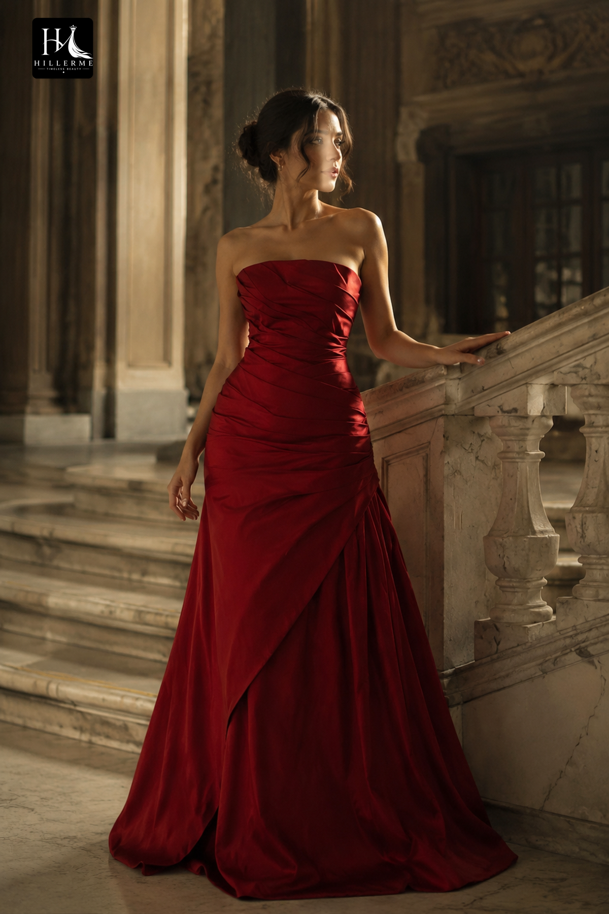 Elegant Strapless Satin Gown with Ruched Bodice and Wrap Skirt Design