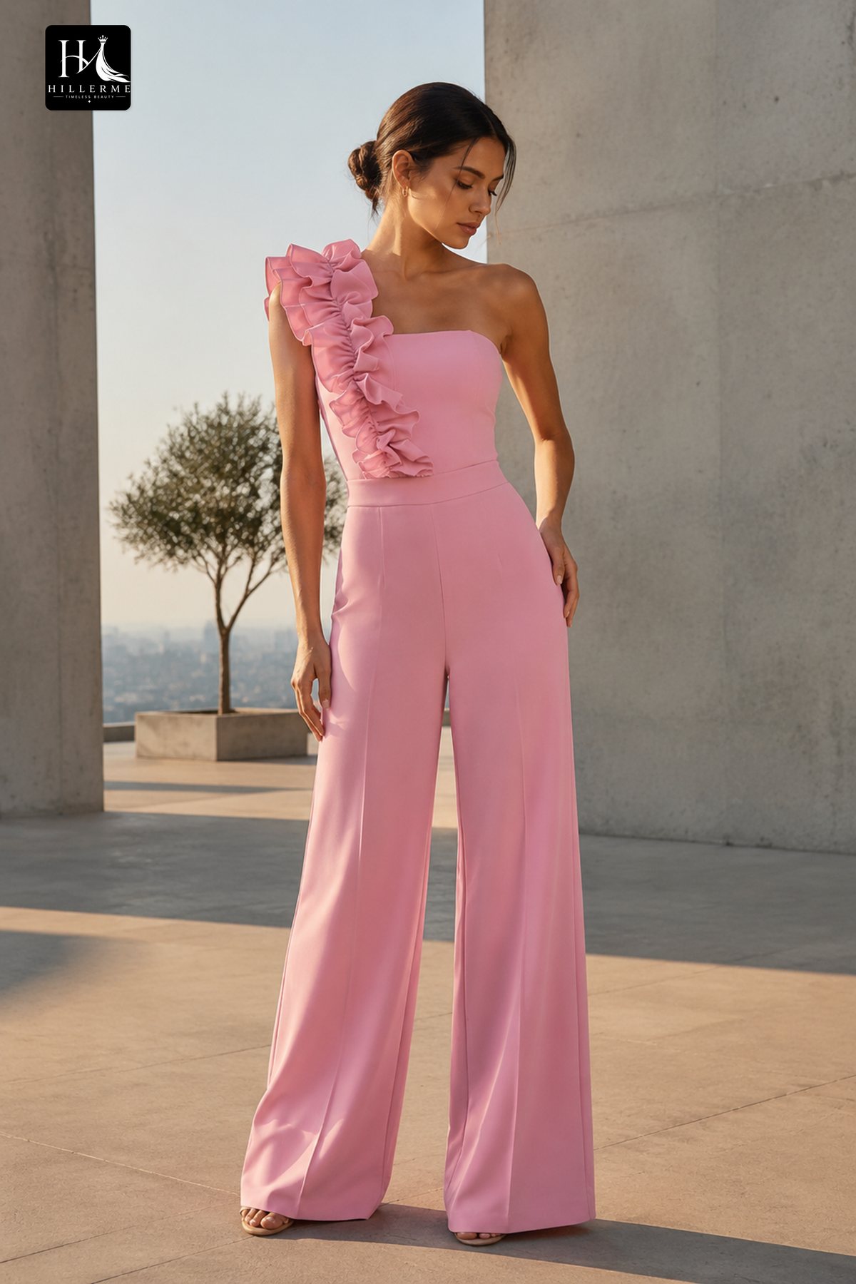 Asymmetrical One-Shoulder Ruffled Floor-Length Jumpsuit
