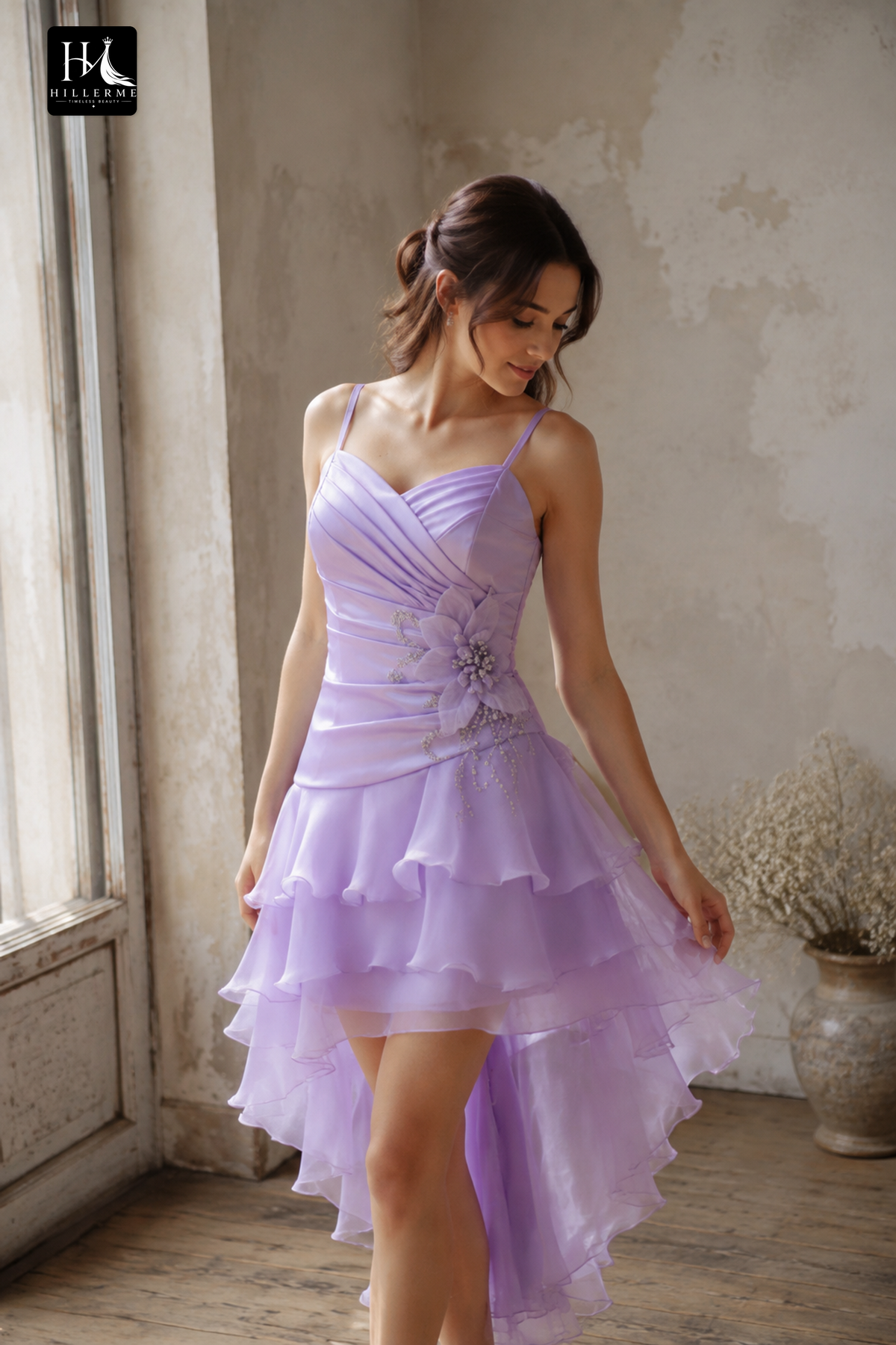 Asymmetrical Fit-and-Flare Dress with 3D Floral Applique and Corset Closure