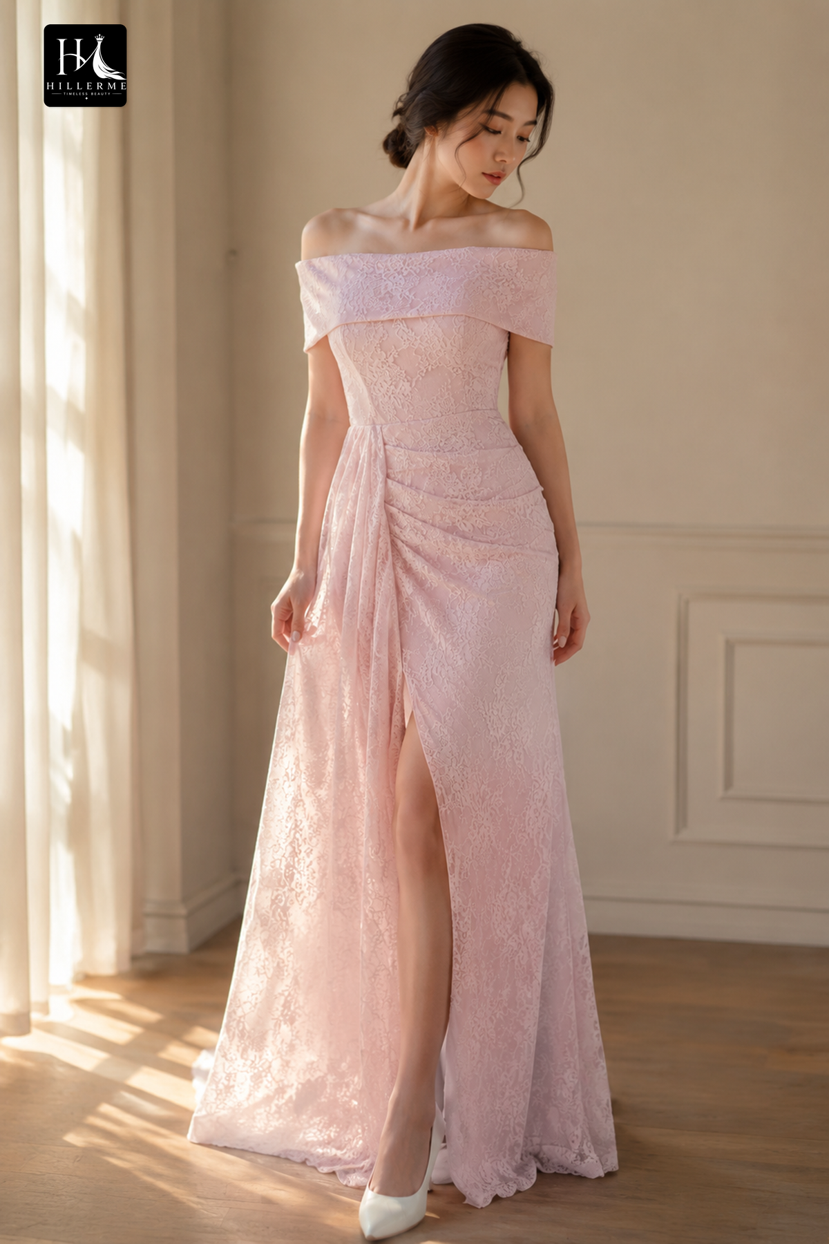 Floor-Length Lace Sheath Gown with Off-the-Shoulder Folded Neckline and High Slit