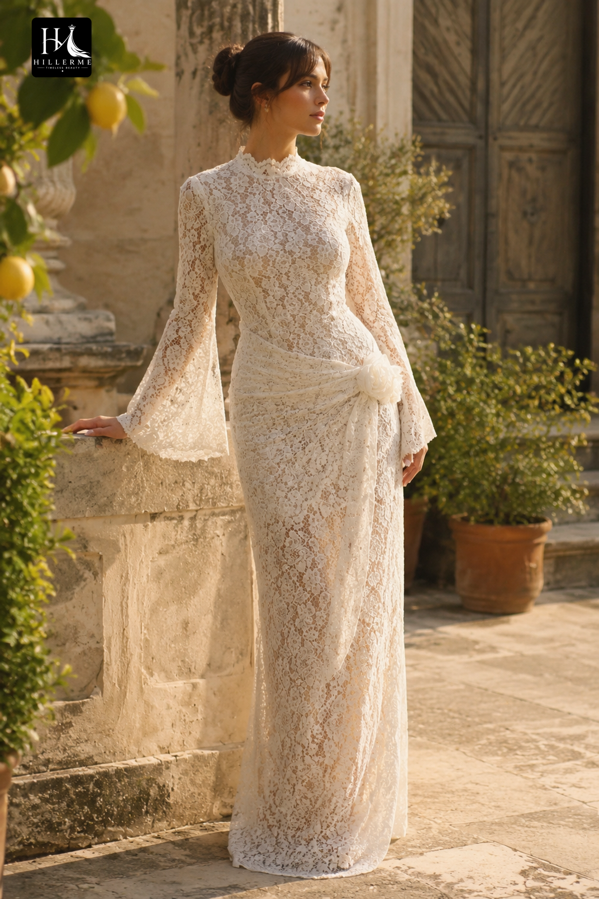 Floor-Length Lace Sheath Bridal Gown with Bell Cuffs and High Mock Neck