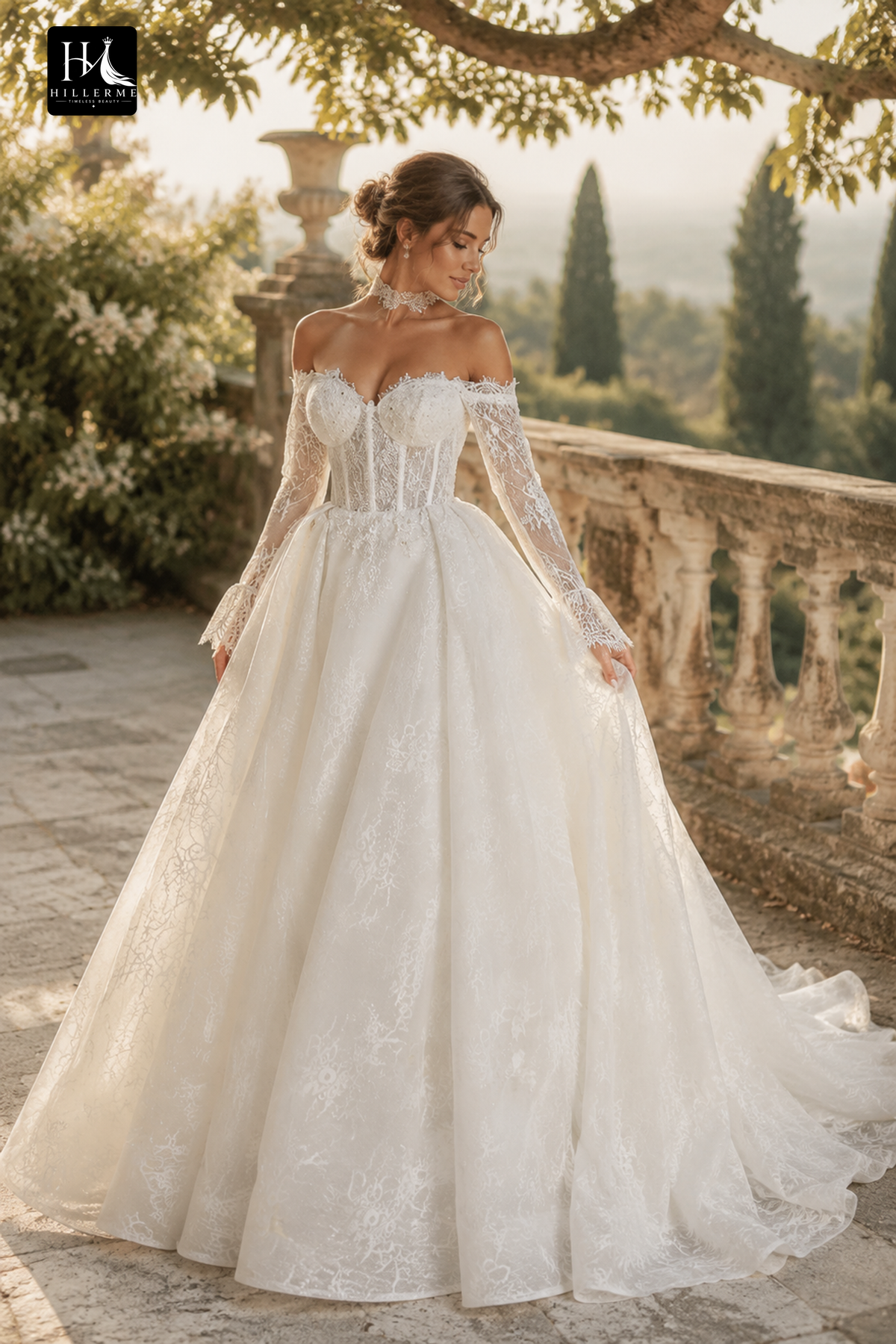 Elegant Corset Ball Gown with Long Lace Sleeves and Glitter Appliques