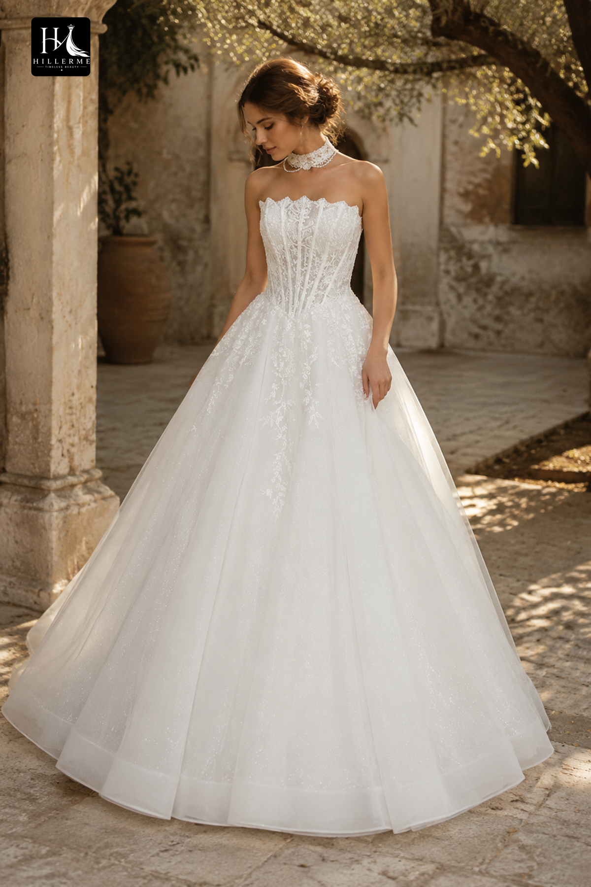Strapless Ball Gown with Corset Bodice and Scalloped Lace Detailing