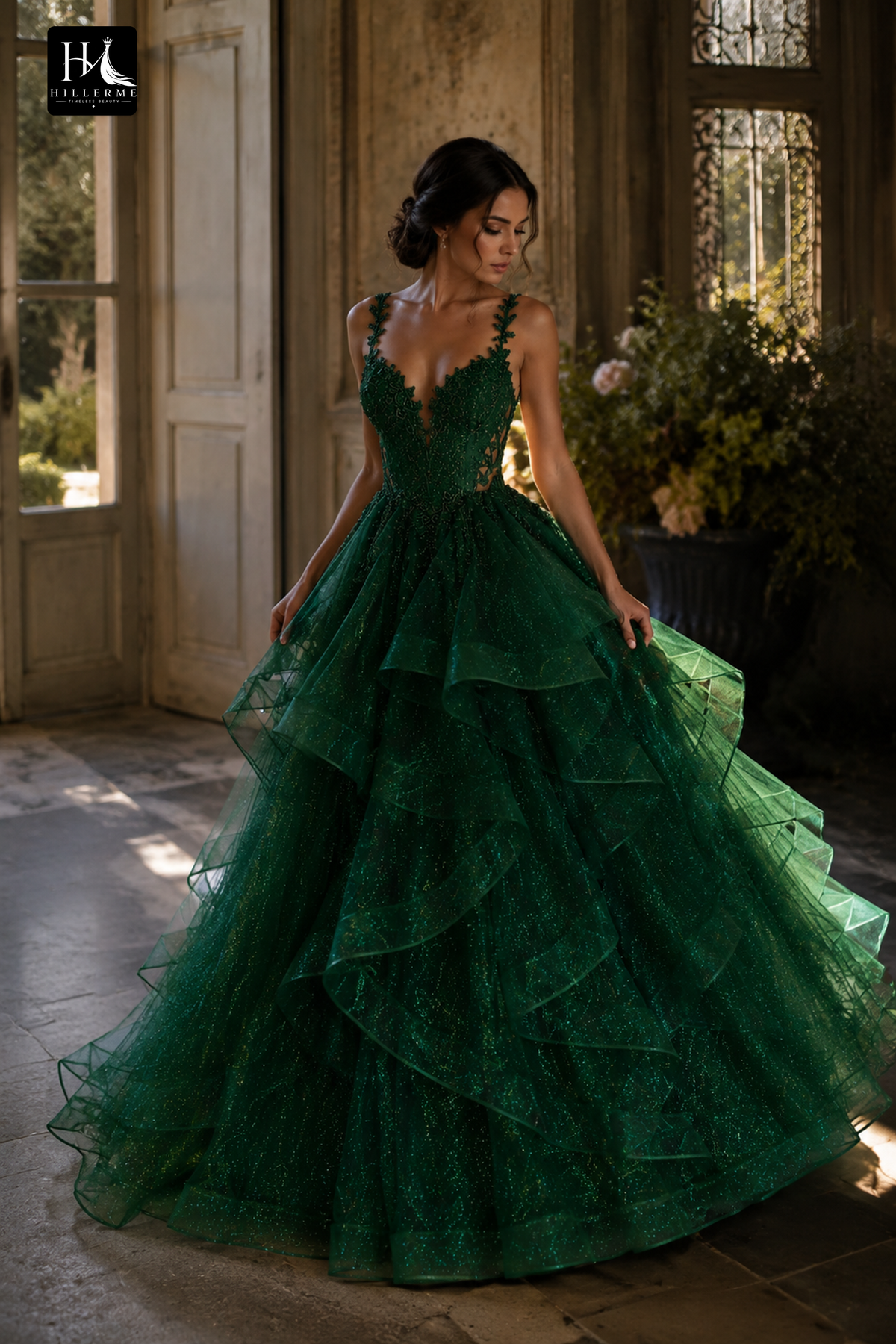 Sparkling Illusion Ball Gown with Ruffled Tulle Skirt