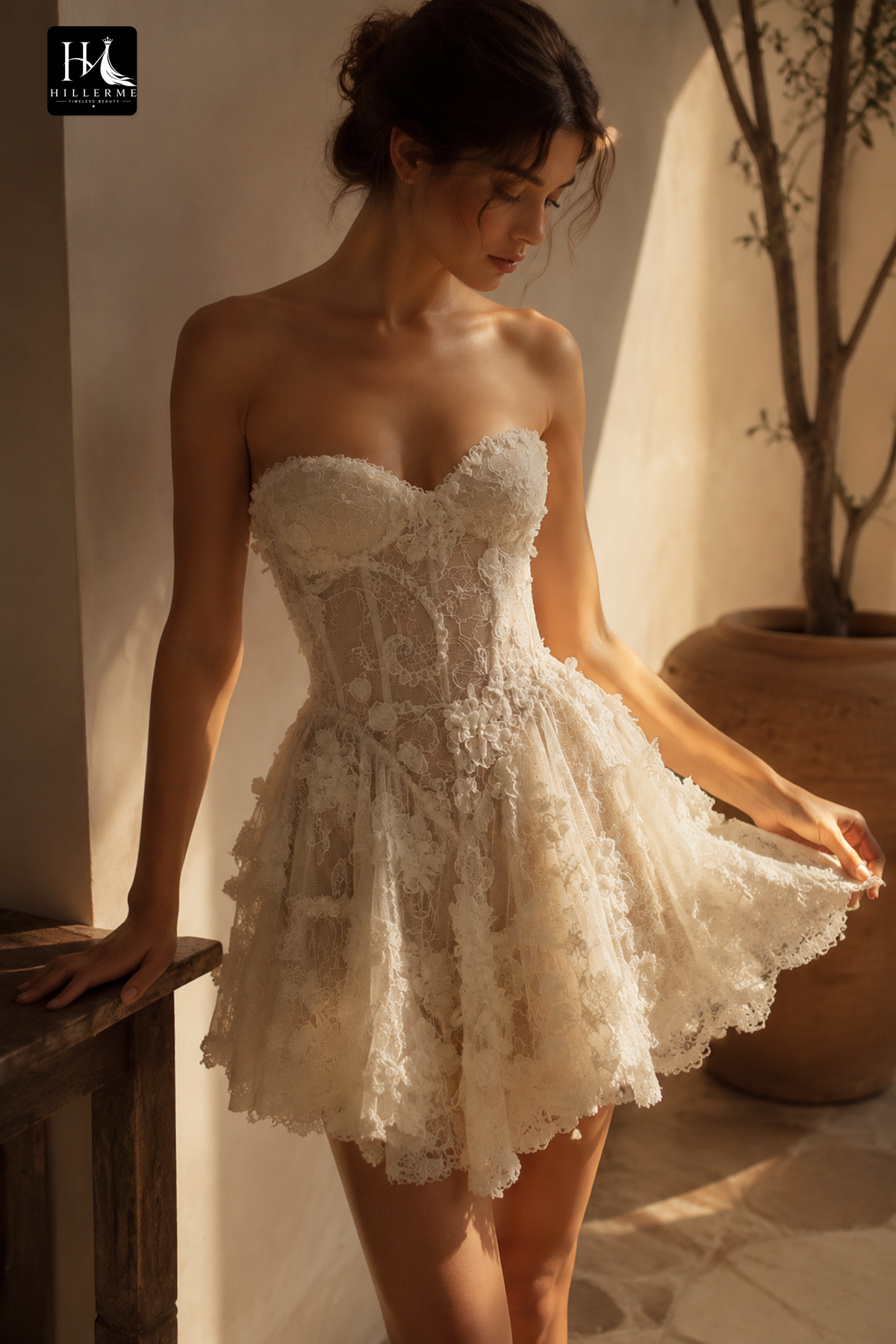 Strapless Sweetheart Corset Mini Dress with Ruffled Tulle Skirt and Lace Appliqués