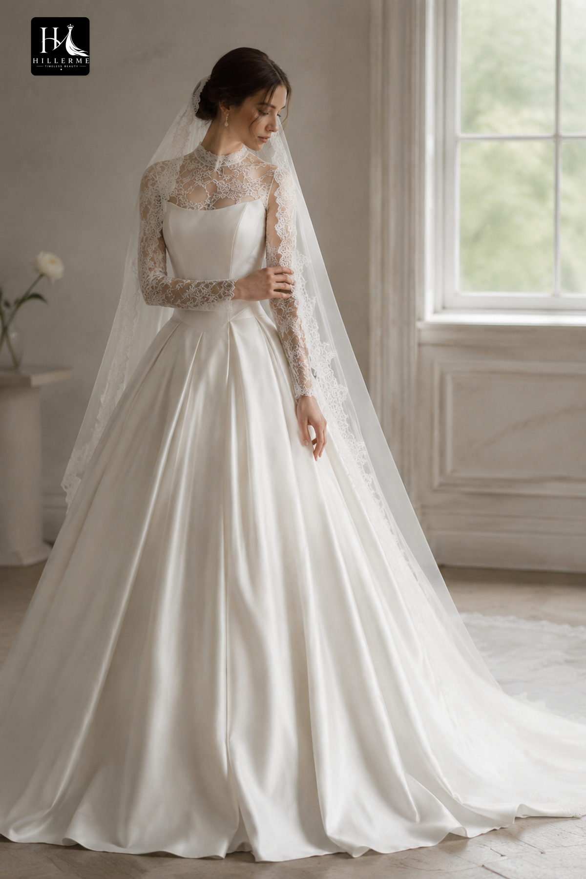 Illusion Lace Long-Sleeve Ball Gown Wedding Dress