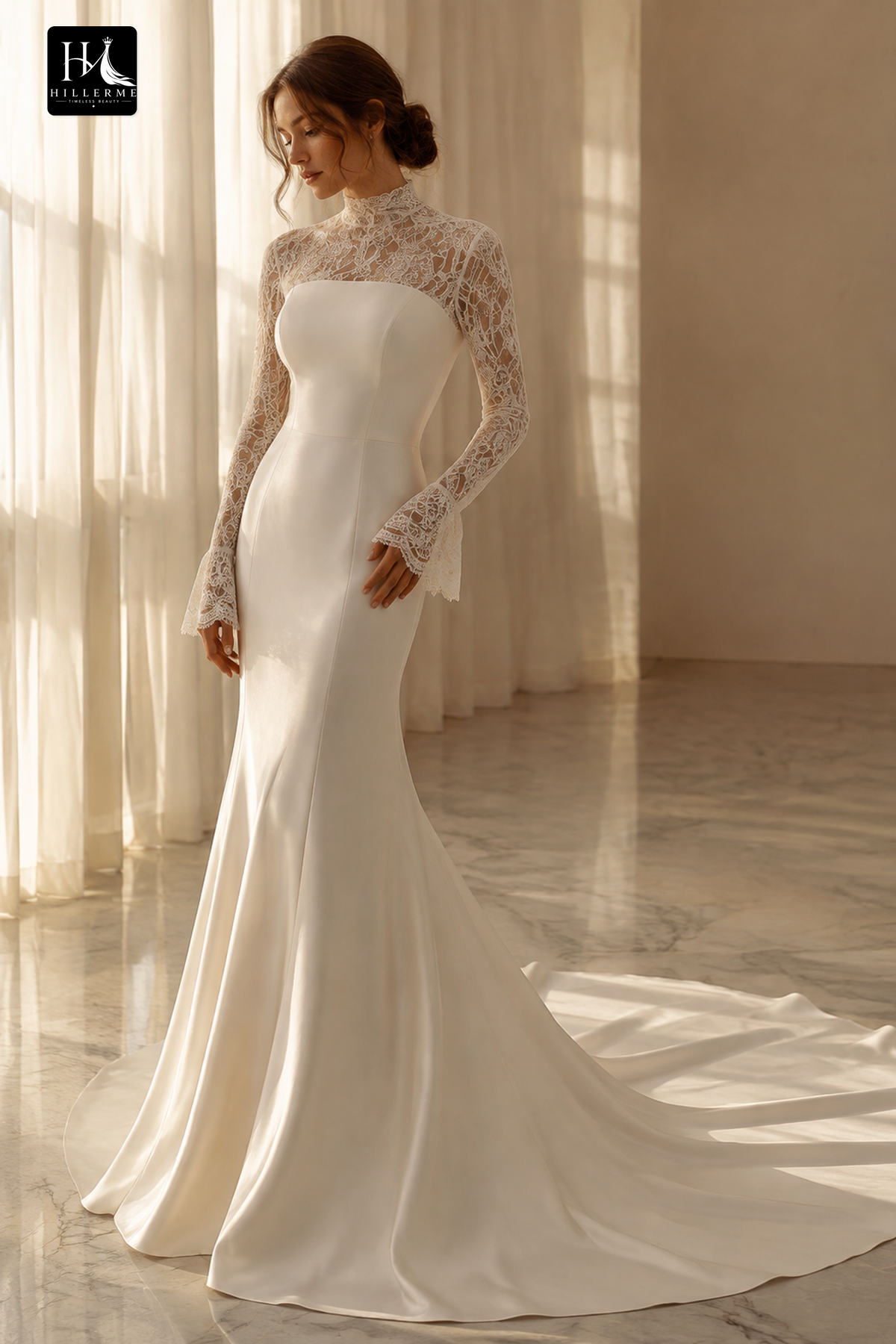 Elegant Long Sleeve Mermaid Wedding Dress with Lace Yoke and Satin Skirt