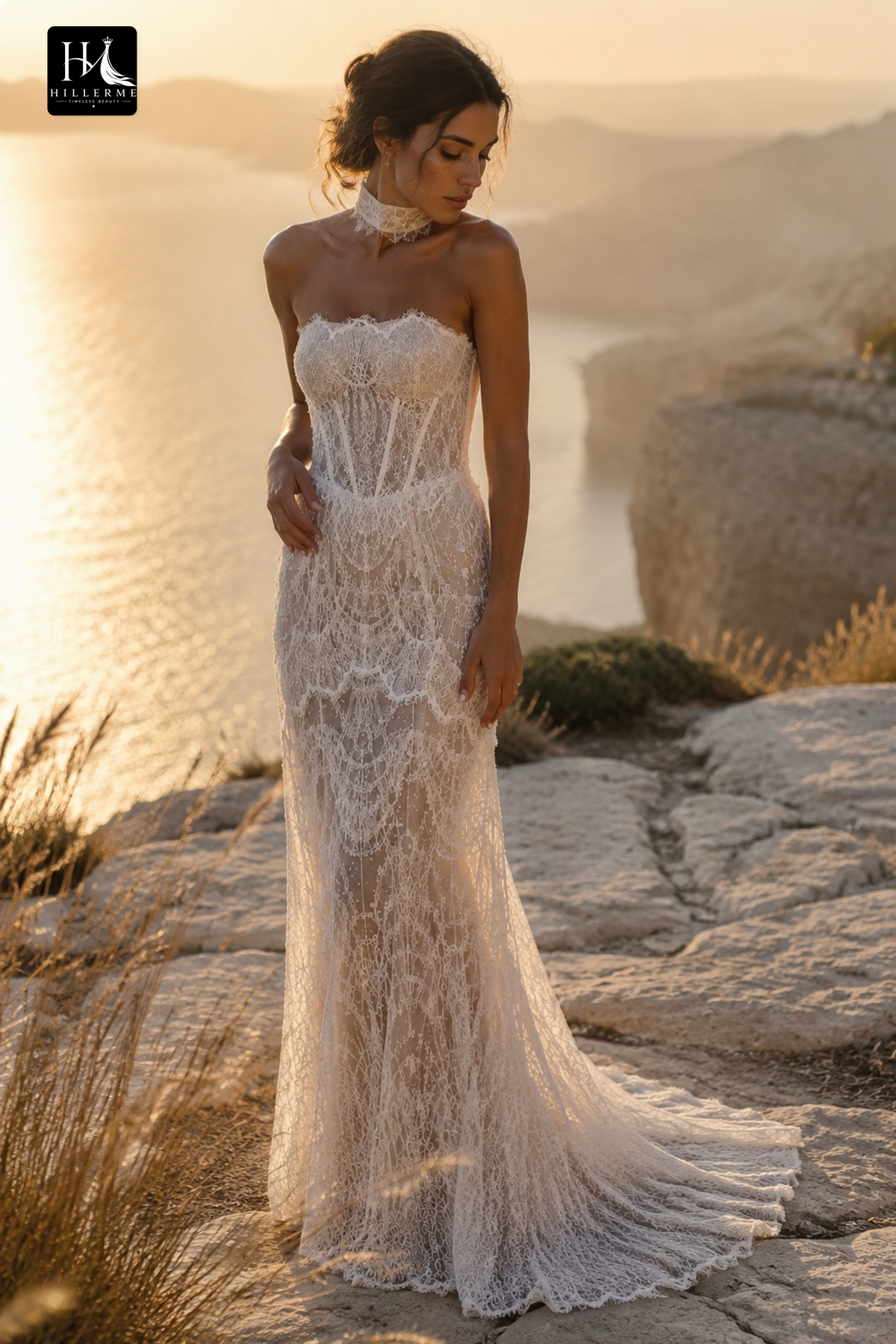 Beaded Lace Gown with Illusion Corset and Scalloped Neckline