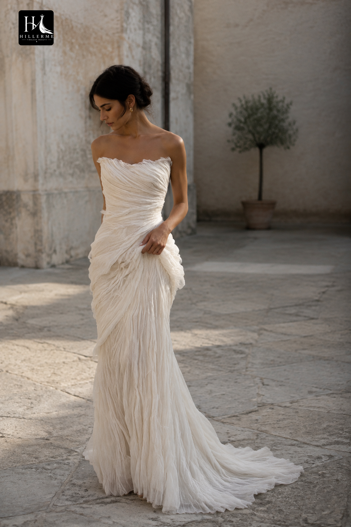 Strapless Mermaid Gown with Ruched Bodice and Draped Overskirt