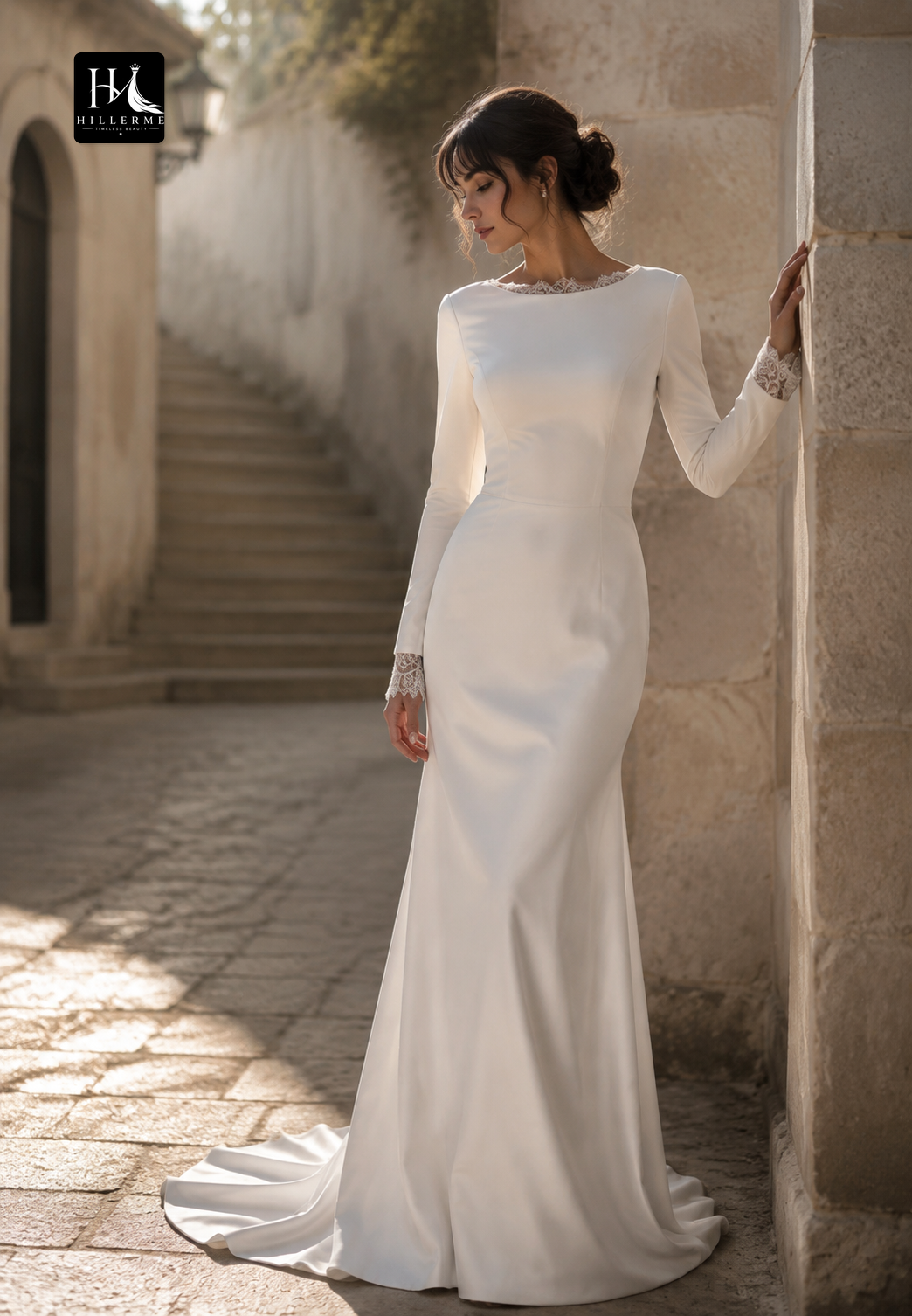 Scoop-Neck Mermaid Wedding Dress with Long Sleeves, Lace & Satin Fitted Bodice and Sweep Train