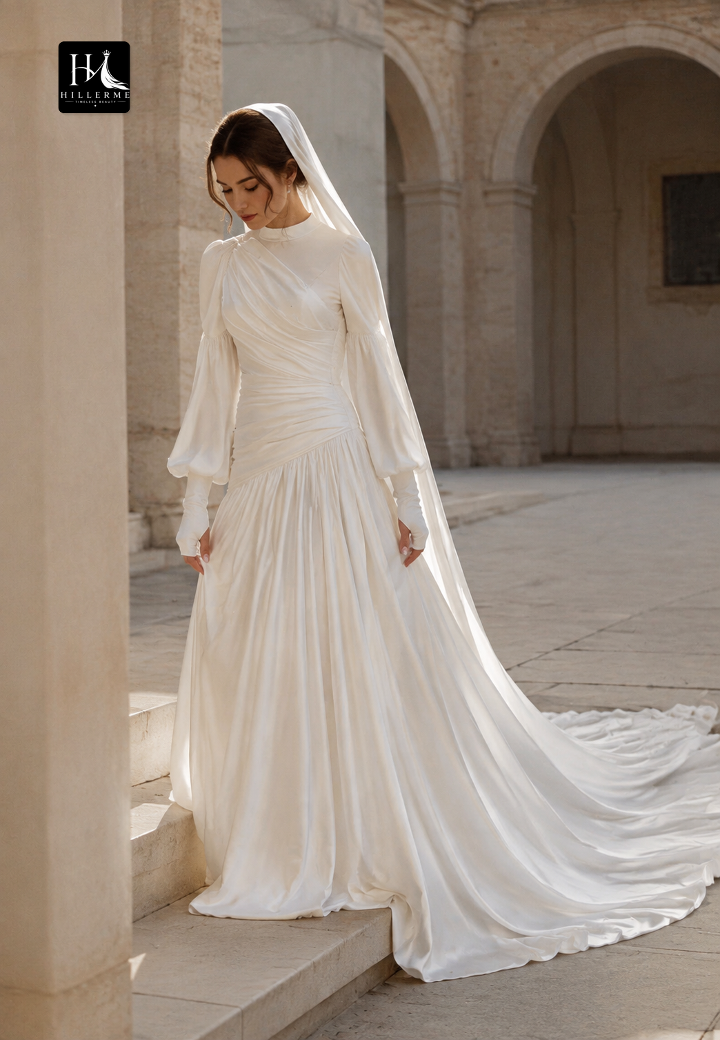 Simple High-Neck Long-Sleeve Satin Mermaid Wedding Dress with Train