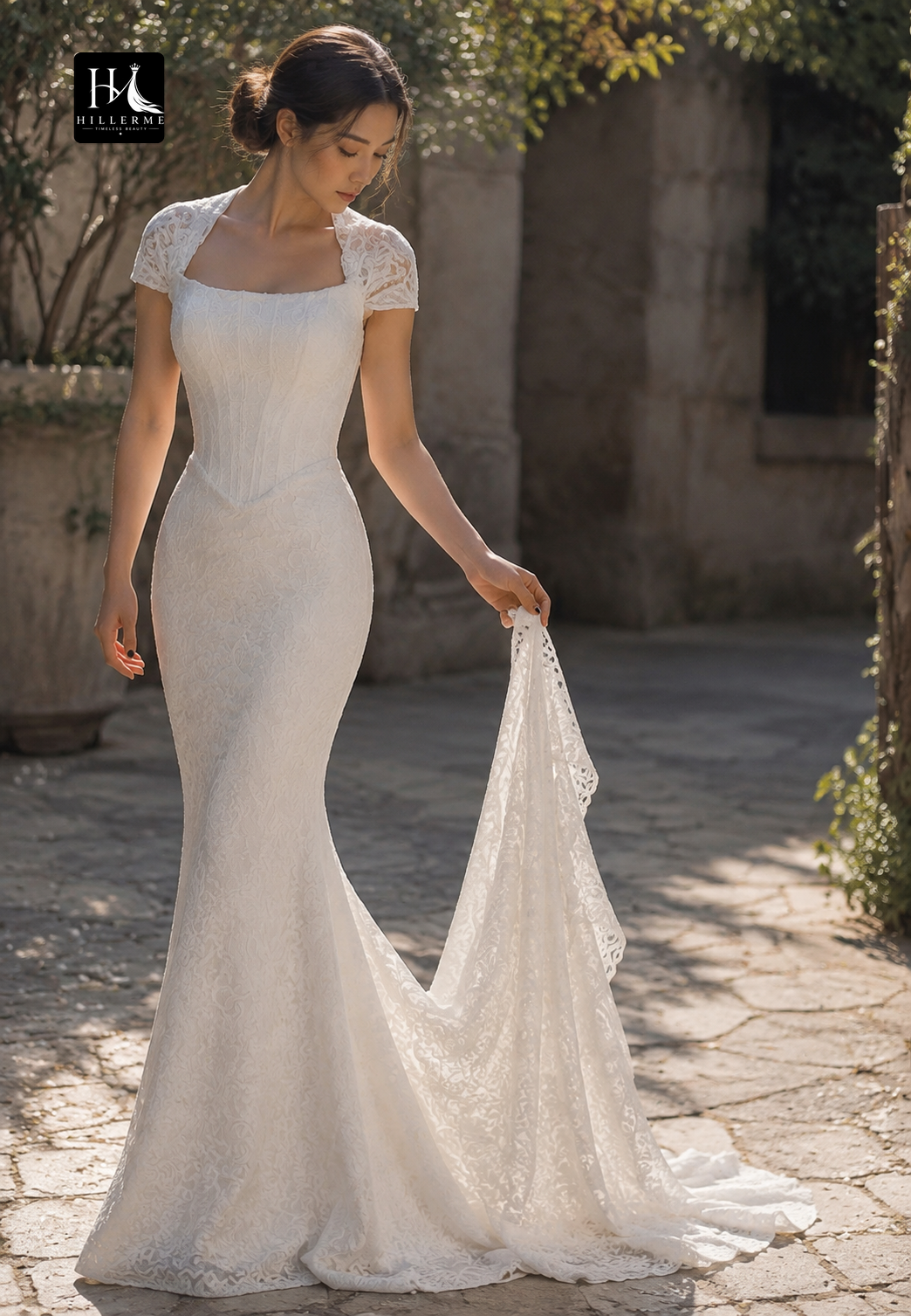 Satin Mermaid Wedding Dress with Bateau Neckline, Cap Sleeves, and Lace Appliqués on Sweep Train
