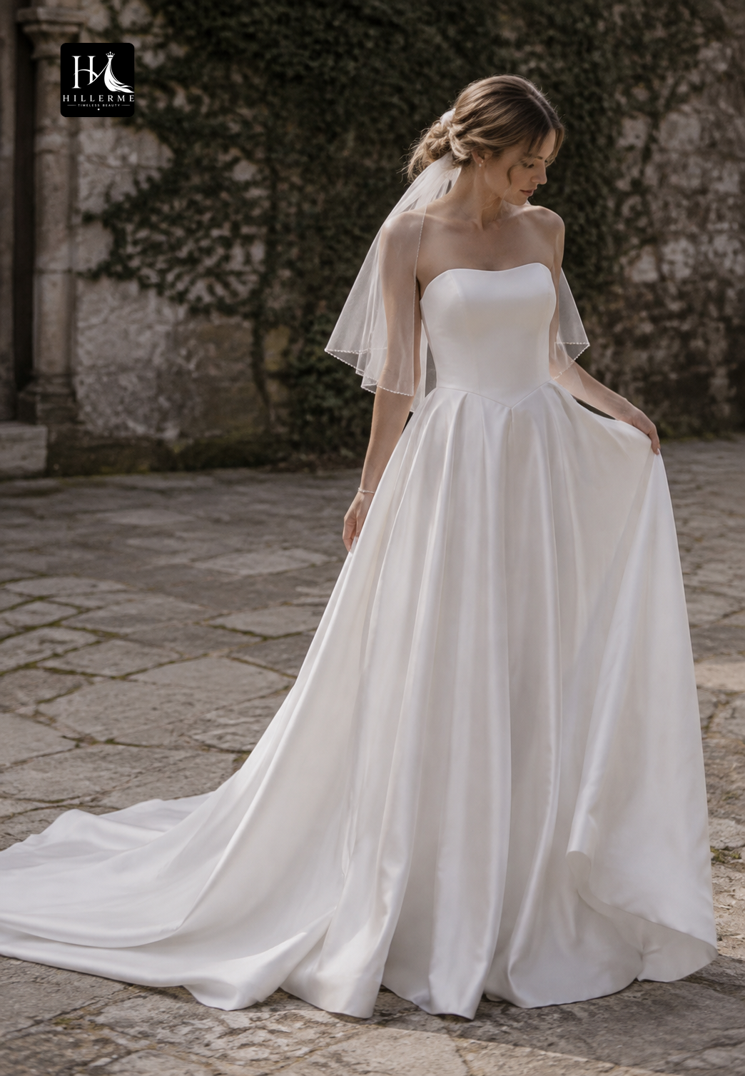 Sleek Tube Top Off-Shoulder Satin Pleated A-Line Wedding Dress with Sweep Train