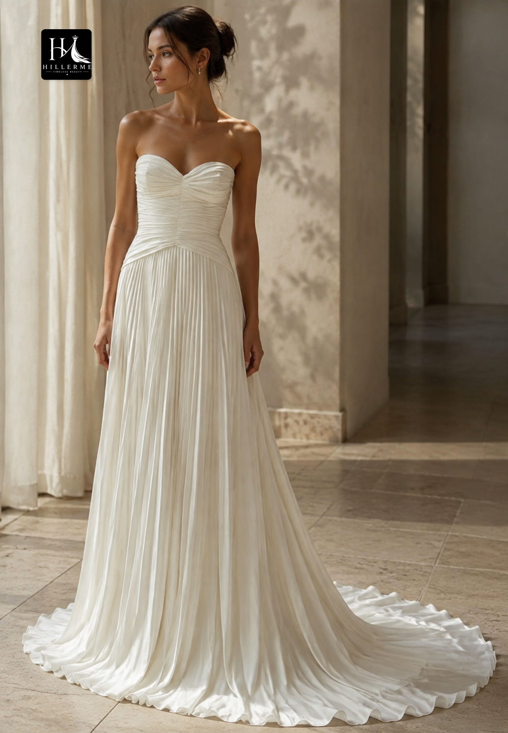 Sweetheart Off-Shoulder Sleeveless Satin Pleated A-Line Wedding Dress with Sweep Train
