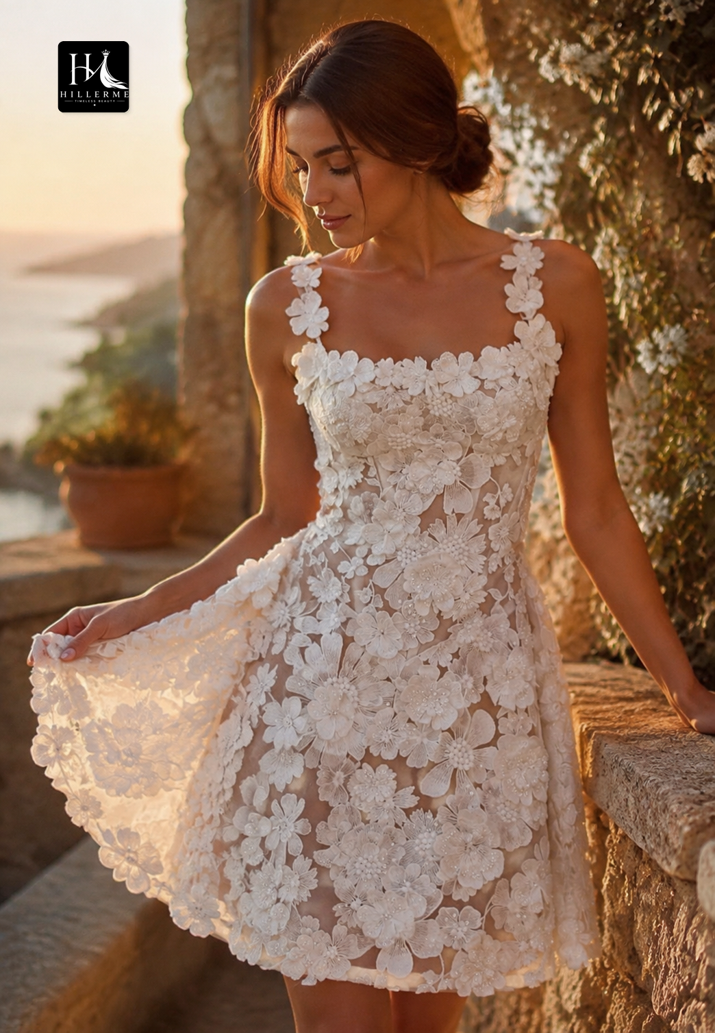 Square-Neck Tulle A-Line Wedding Dress with 3D Floral Appliqués and Spaghetti Straps