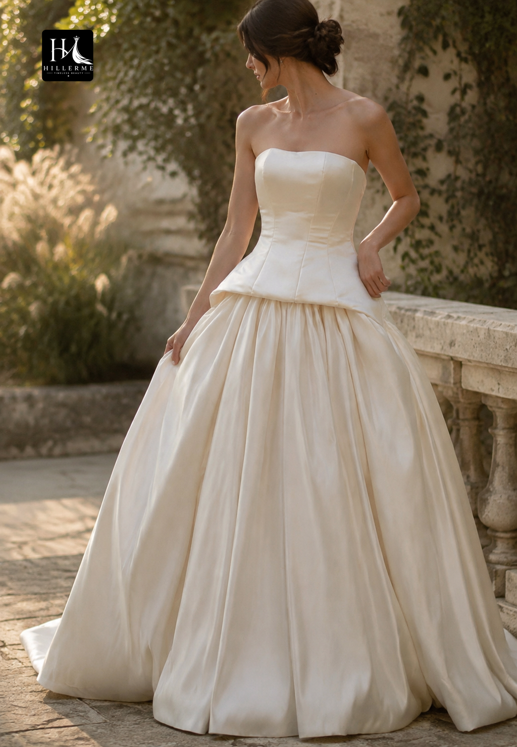 Satin Pleated A-Line Wedding Dress with Tube Top Off-Shoulder Neckline and Train