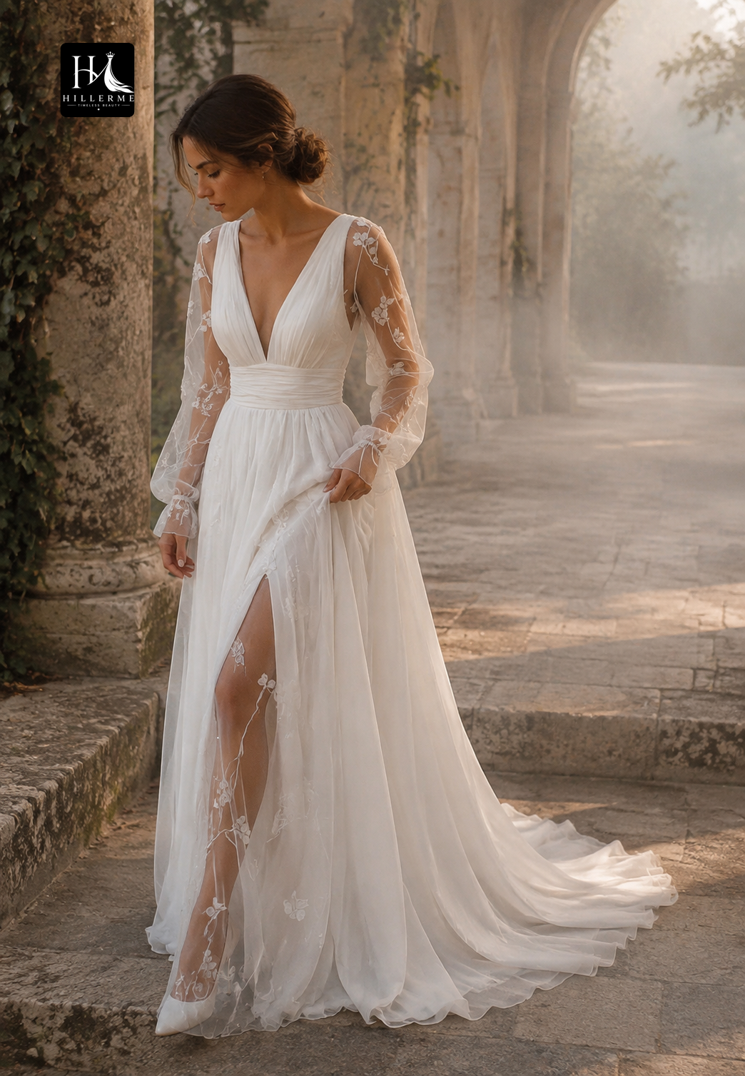 Deep V-Neck Long-Sleeve Appliqué Chiffon & Tulle Pleated A-Line Wedding Dress with Sweep Train