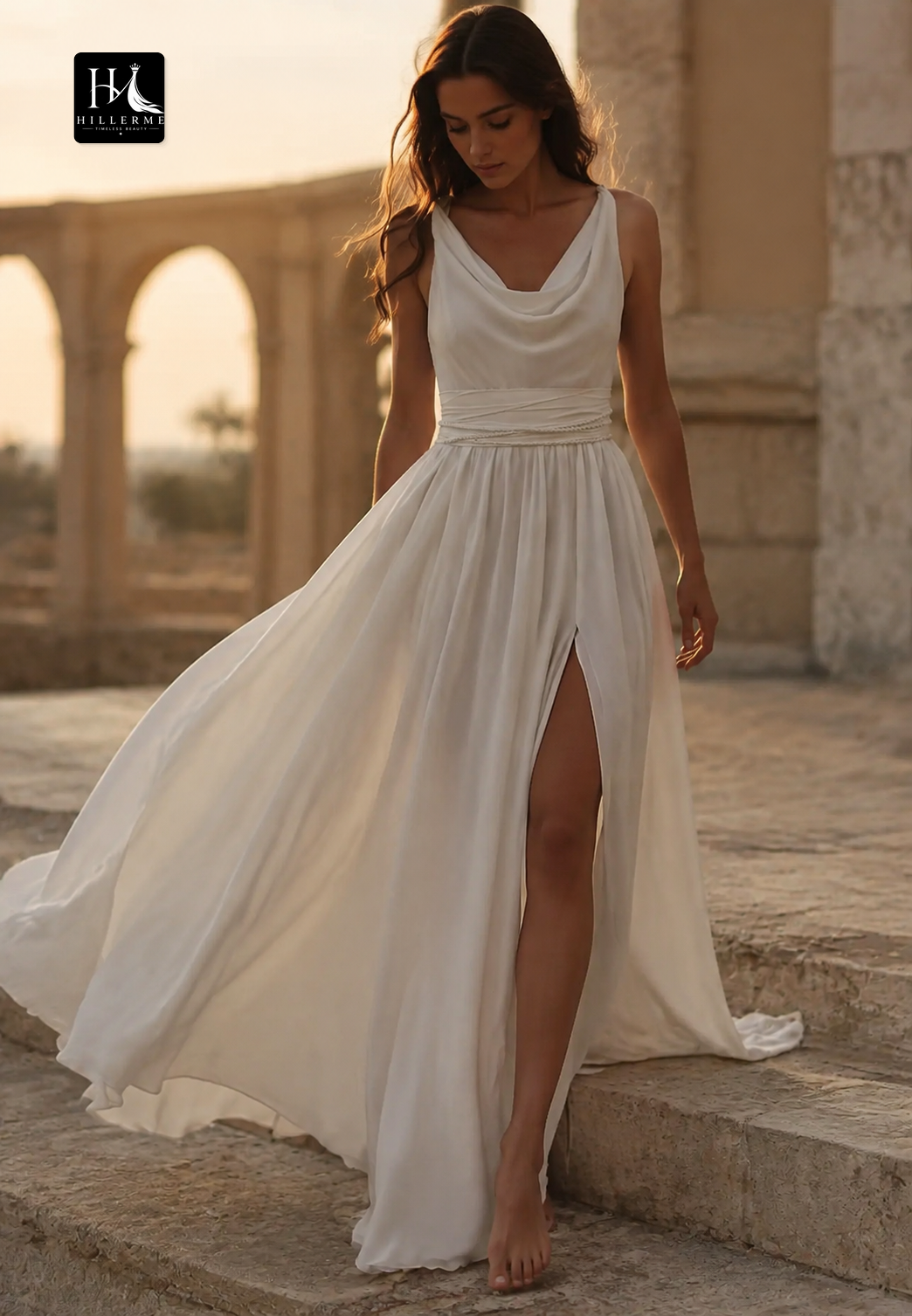 Floor-Length A-Line Wedding Dress with V-Neck, Spaghetti Straps, and Pleated Stretch Satin Skirt