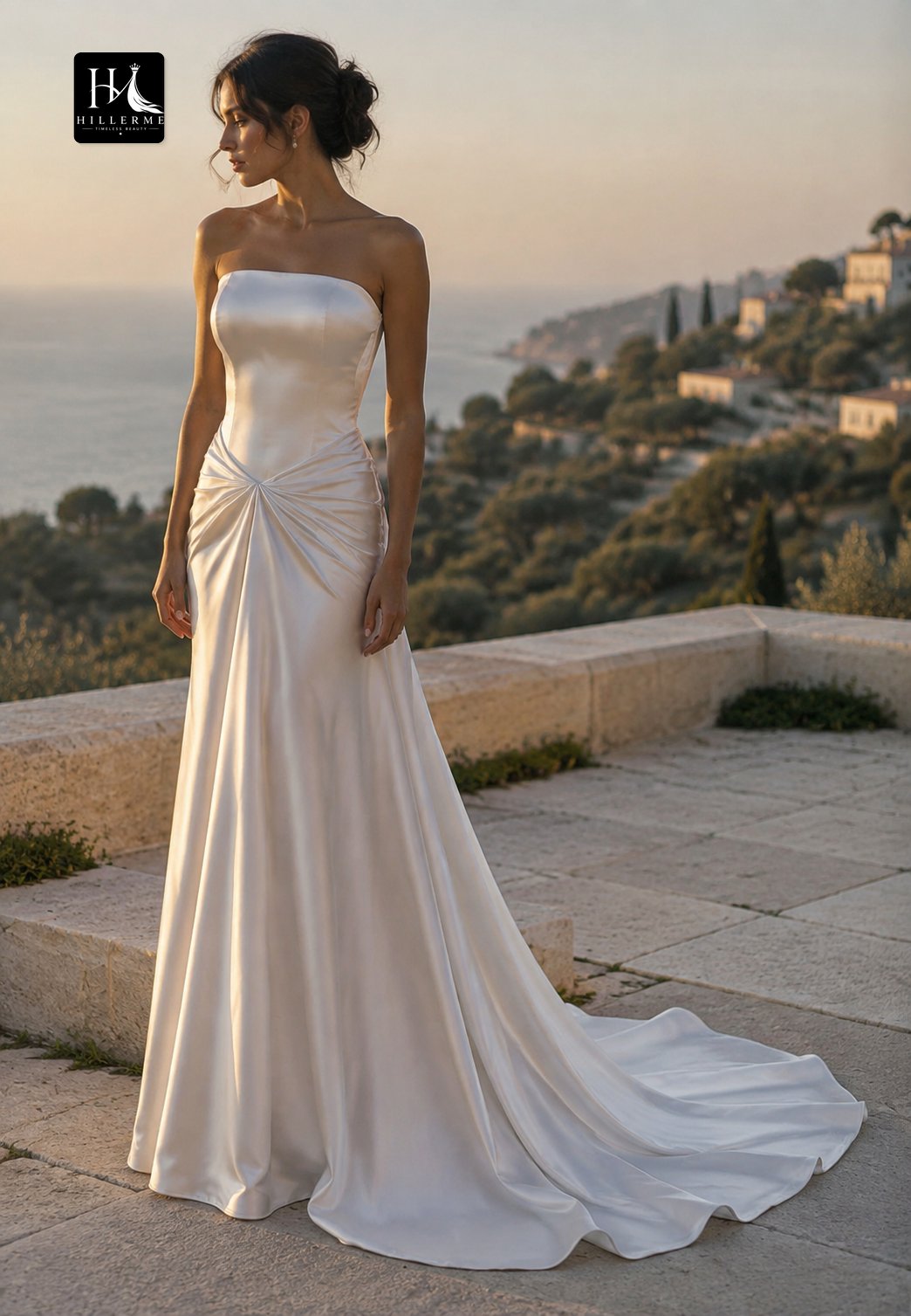 Satin Pleated Mermaid Wedding Dress with Tube Top Off-Shoulder Neckline and Sweep Train