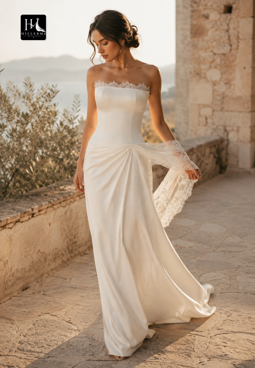 Sleek Off-Shoulder Tube Top Mermaid Wedding Dress with Lace & Satin Pleating