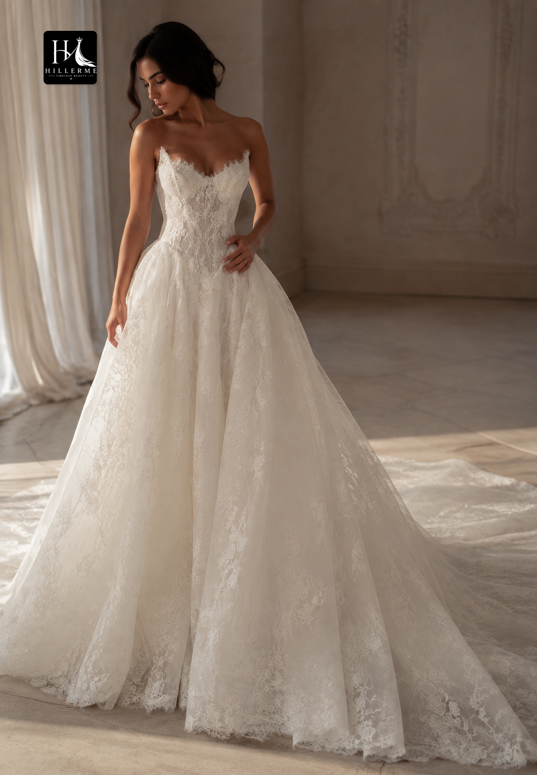 Sweetheart Strapless Tulle Appliqué Sequined A-Line Bridal Gown with Train