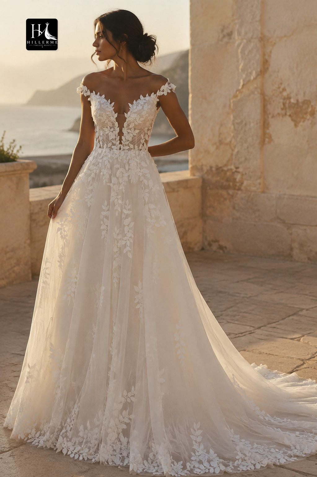 Sweetheart Off-Shoulder Appliqué Tulle A-Line Wedding Dress with Long Sleeves and Open Back